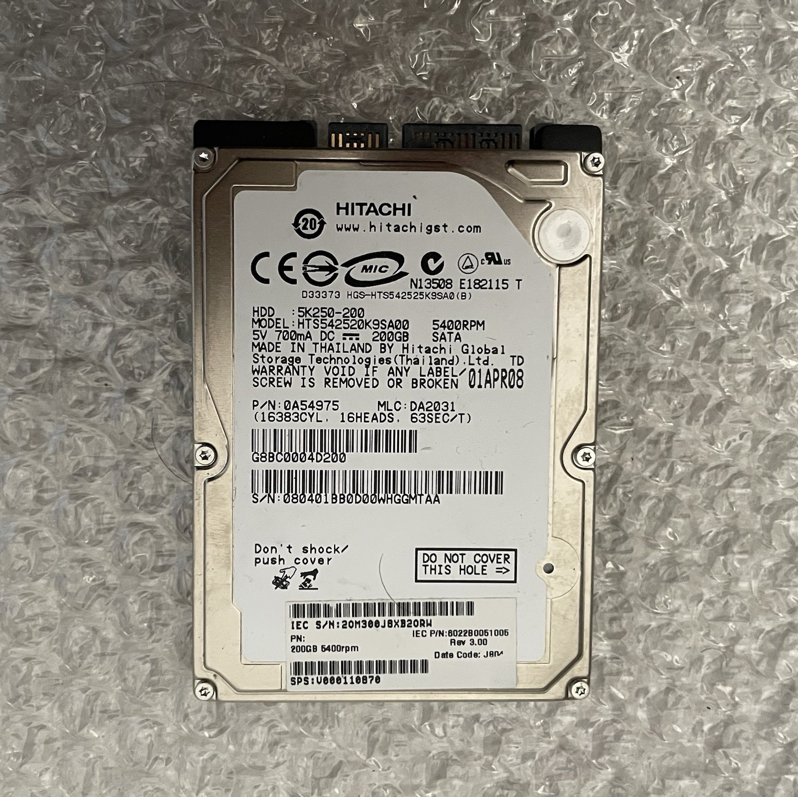 Hitachi HTS542520K9SA00 200GB 2.5" SATA Laptop Hard Drive HDD P/N 0A54975