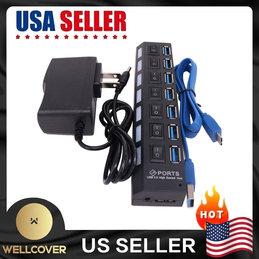 USB 3.0 HUB 7-USB Port Multi Adapter Charger Data For PC Mac Laptop Desktop LED