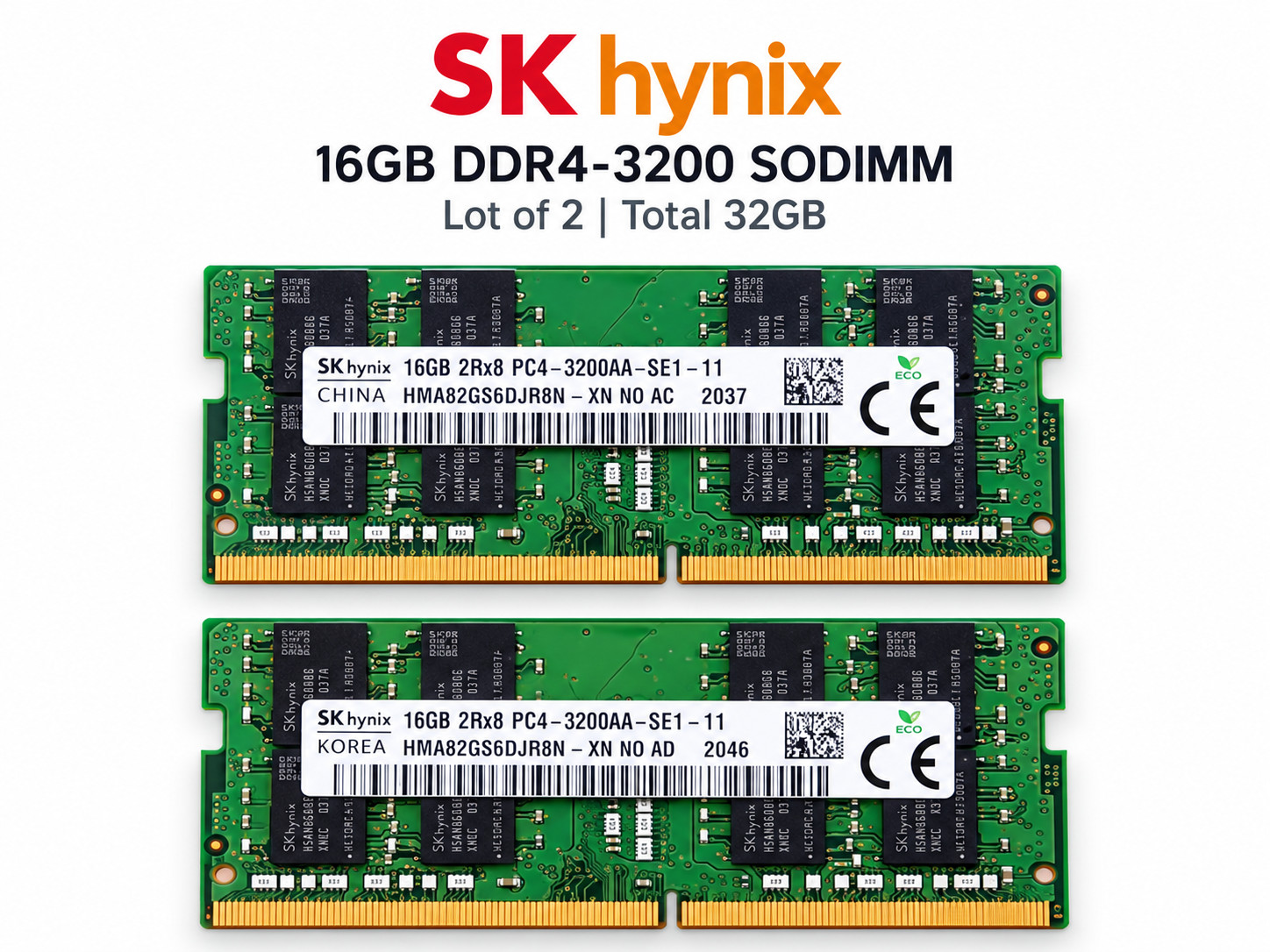 Lot of 2 SK Hynix 16GB 1Rx8 DDR4-3200AA  SODIMM RAM HMAA2GS6CJR8N-XN Total 32GB