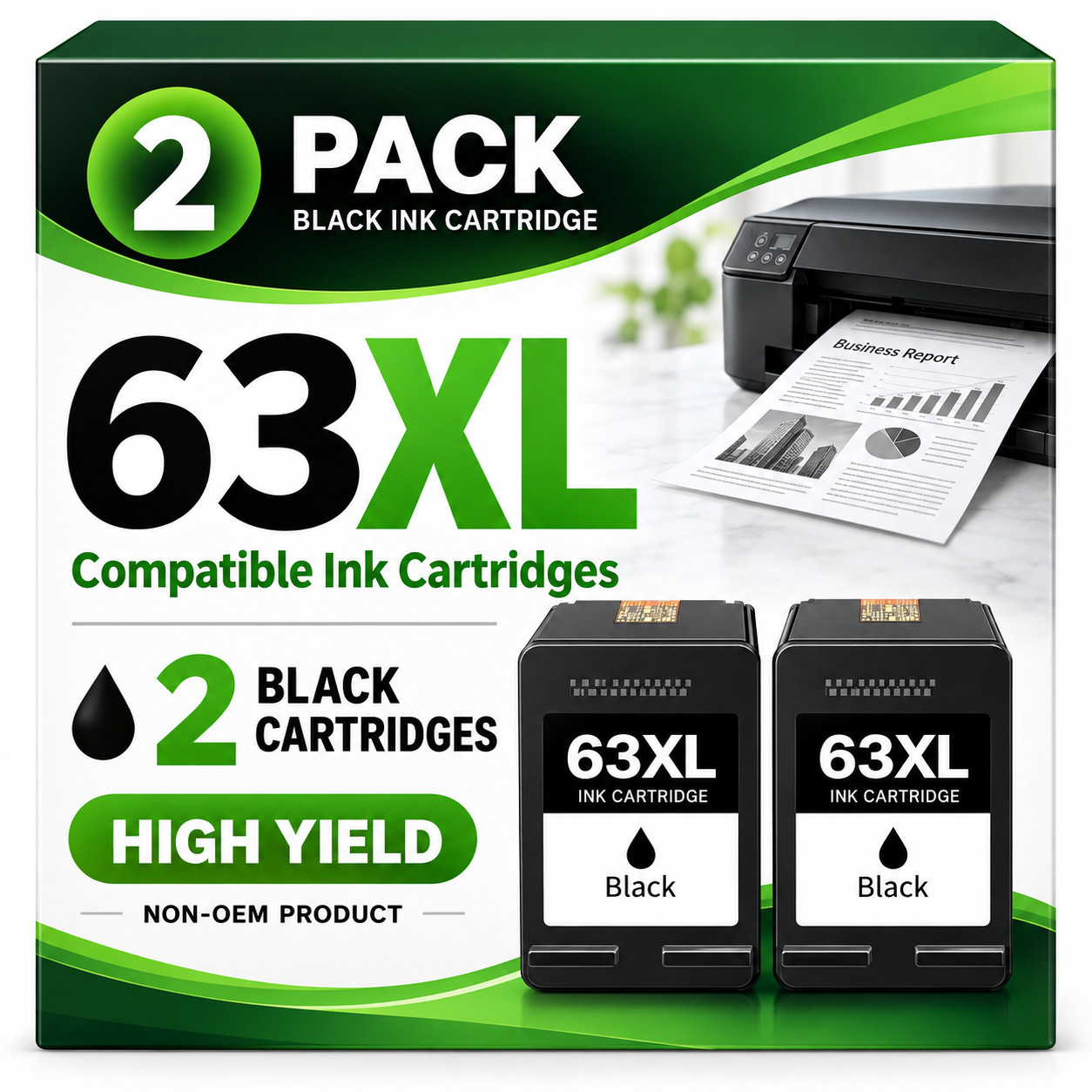 2PK 63XL Black Ink Cartridge For HP Envy 4520 4520 Officejet 5220 5258 4650 3830