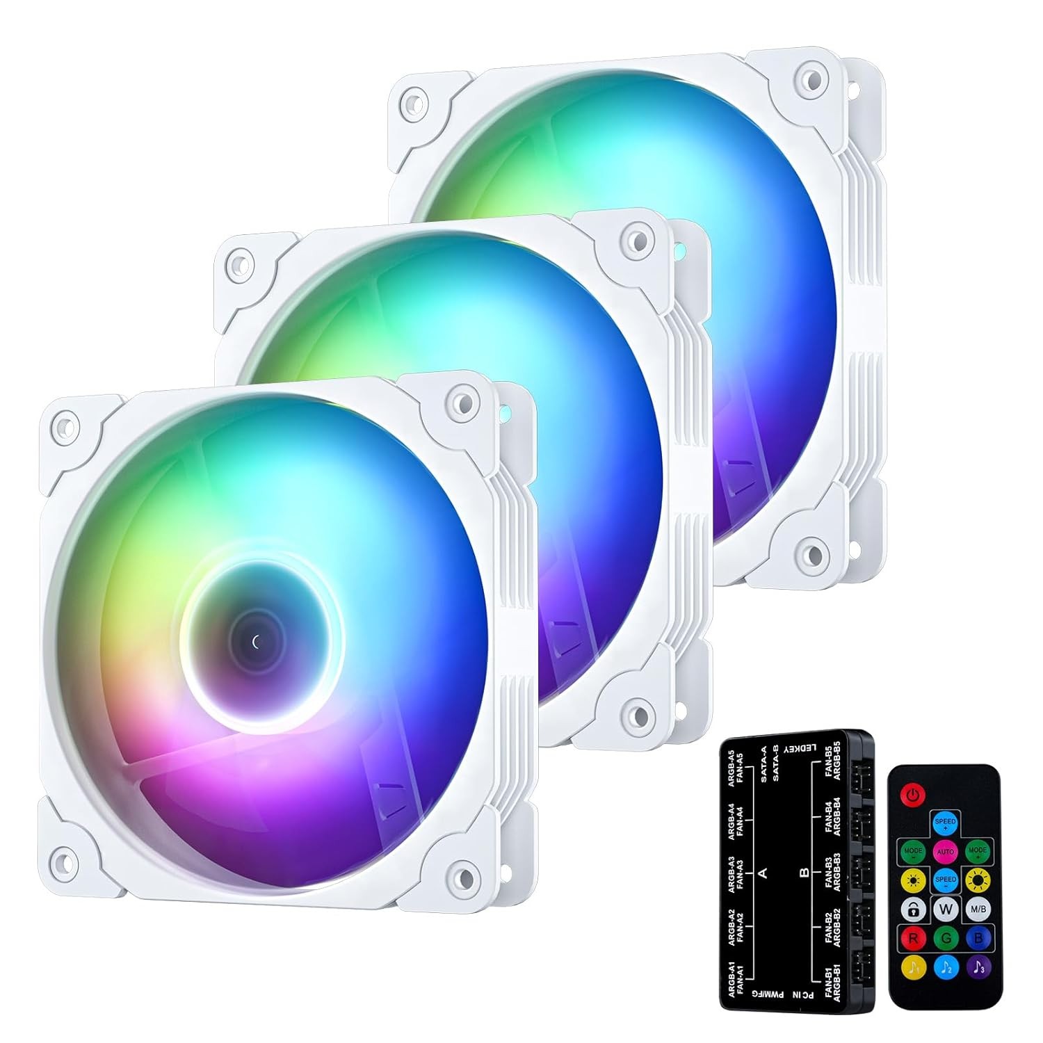 Vetroo 3-Pack Computer Case Fan 120mm ARGB & PWM Fans w/ Controller Hub - White