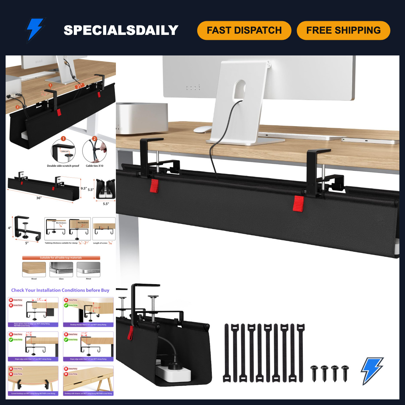 36-Inch No Drill Under Desk Cable Management Tray - Tidy Up Cords & Wires