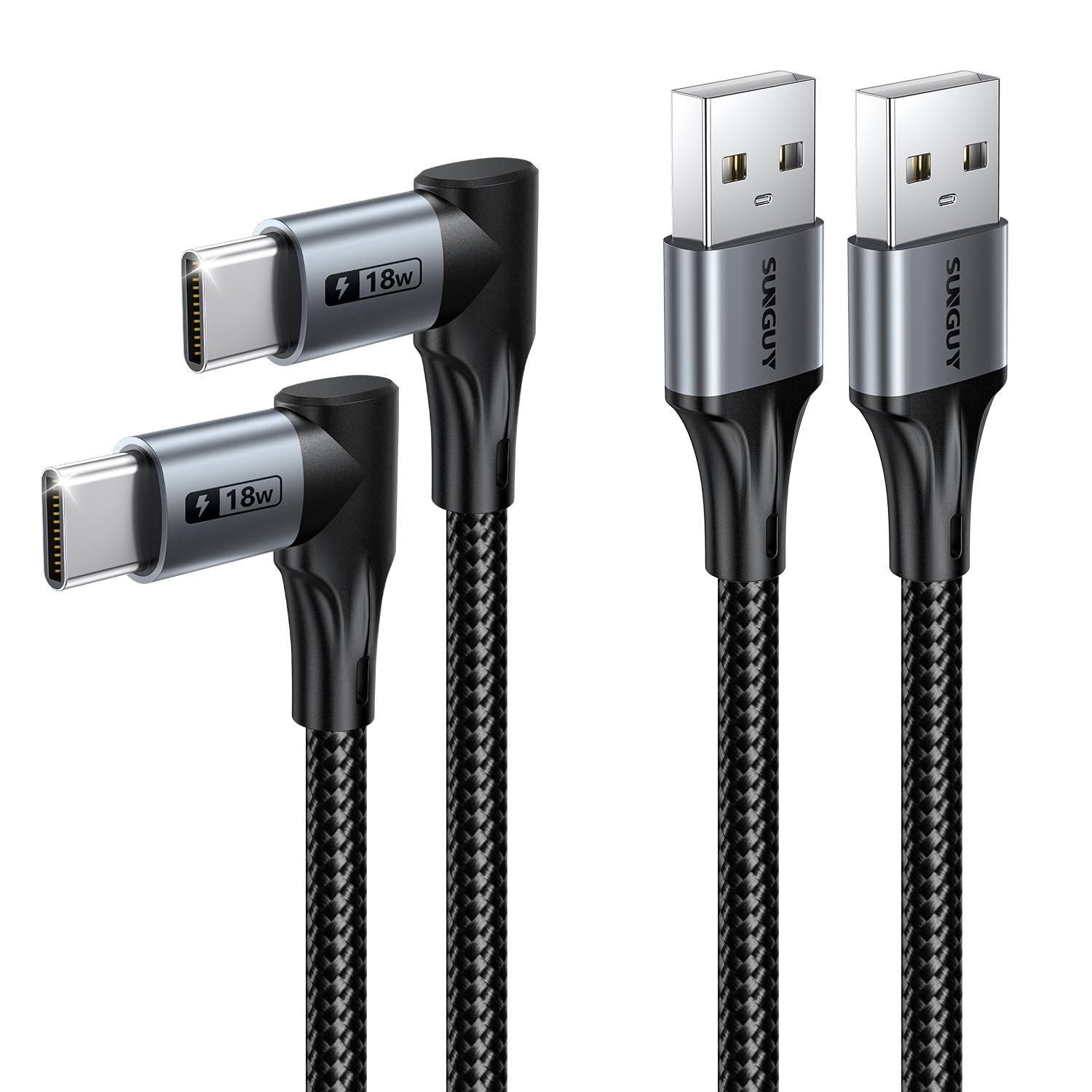 SUNGUY Right Angle USB C Cable, [2-Pack, 1FT] Short 90 Degree USB-A to USB-C Fas
