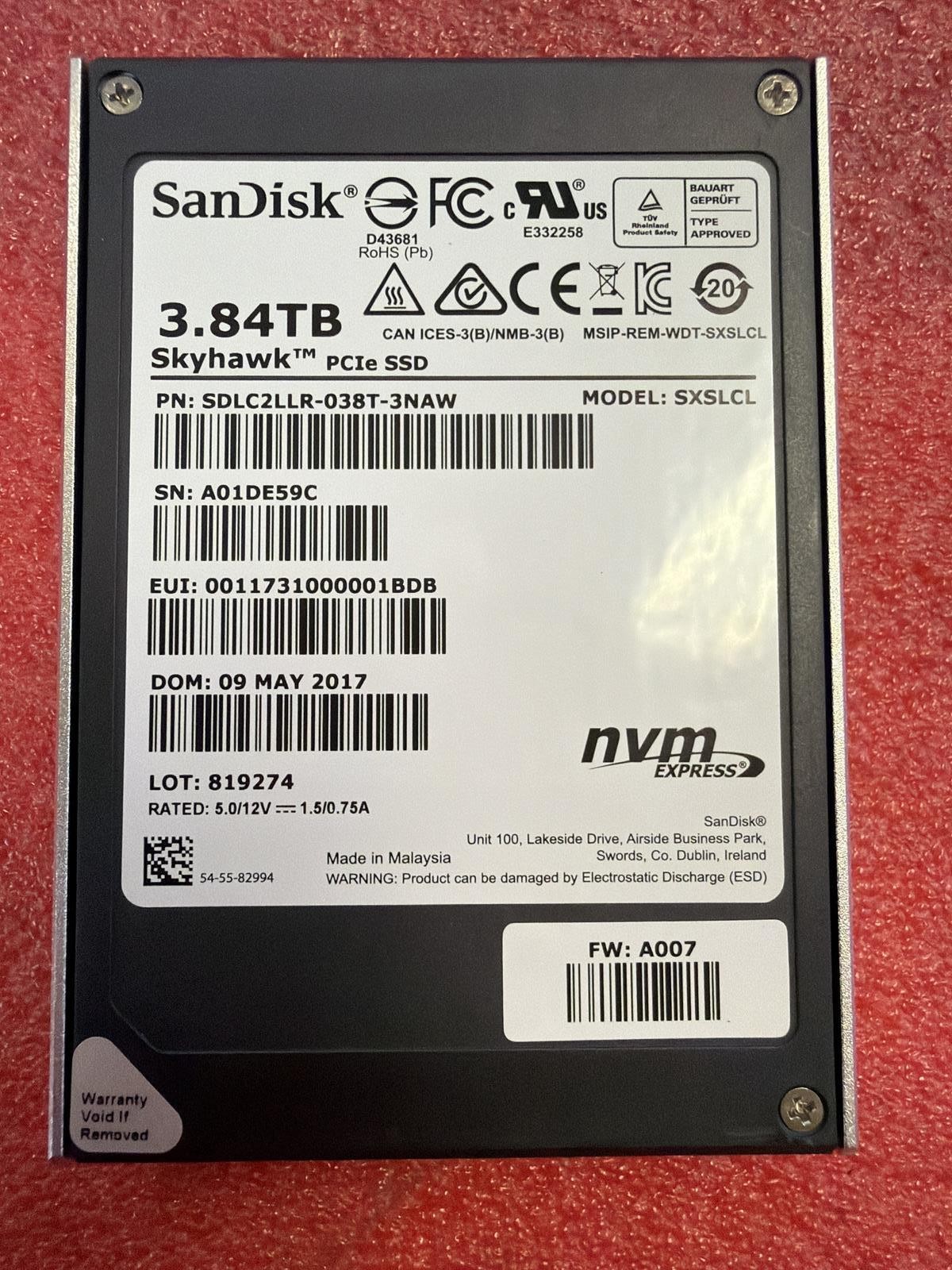 SANDISK SDLC2LLR-038T-3NAW 3.84TB SXSLCL 2.5 SKYHAWK PCIE NVMe SSD, LOW HOURS