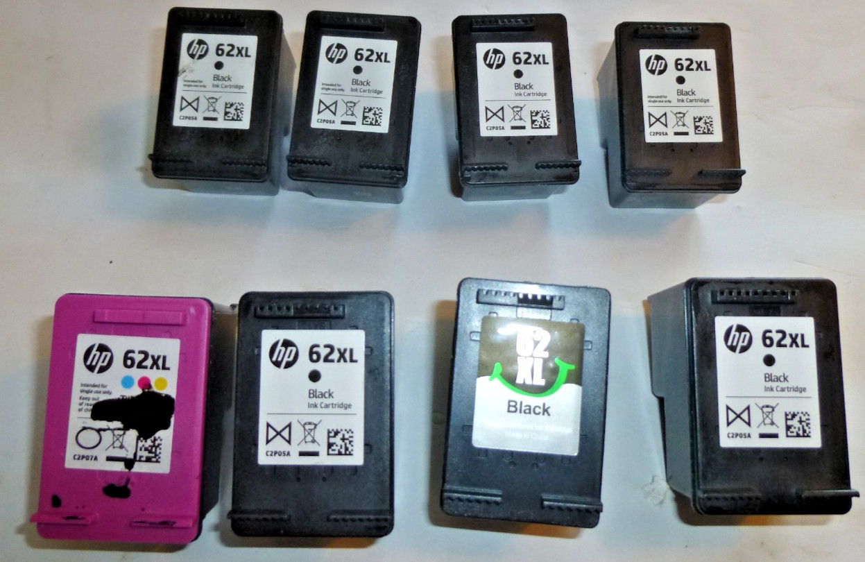 Lot of 8 HP 62XL Empty Virgin Cartridges, 7 Black XL,  & 1 Tricolor