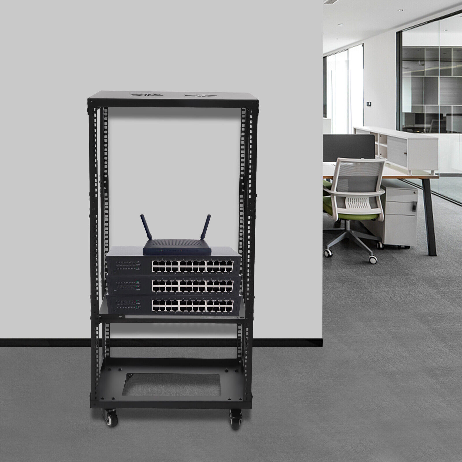 18U 4 Post Open Frame 18.5" Network Server Rack on Caters Adjustable Partition