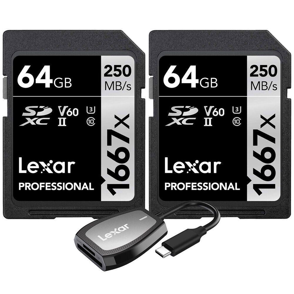 Lexar Professional 1667x 64GB SDXC UHS-II Memory Card (2-Pack) + USB-C Reader