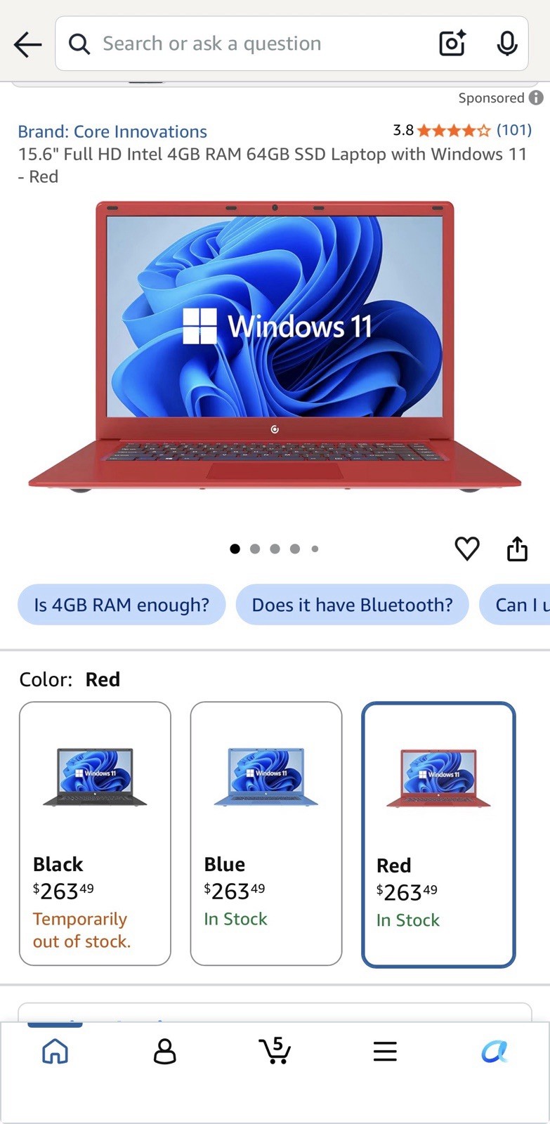 Core Innovations CLT2156RD 15.6" FHD Intel Celeron 4GB 64GB SSD Win 11 Red