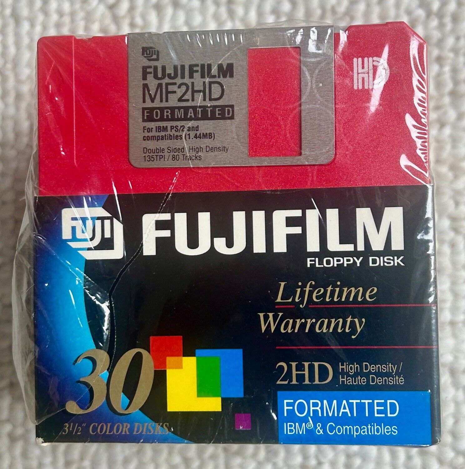 New 30 Pack FujiFilm  MF2HD 3 -1/2 inch formatted floppy diskettes - Multi color