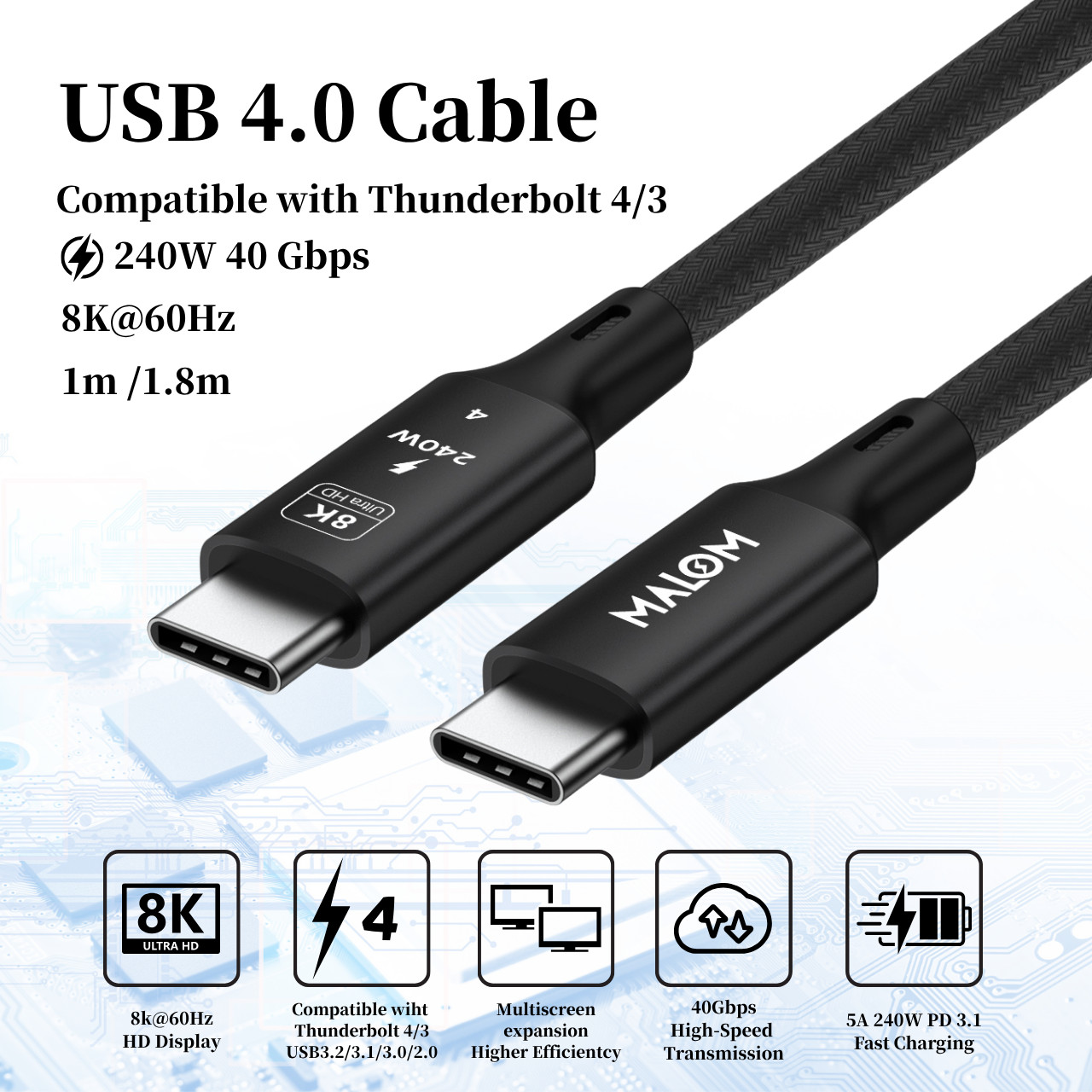 MALOM USB4.0 Type-C Cable 240W PD 40Gbps 8K/60Hz Video Thunderbolt 4 Compatible