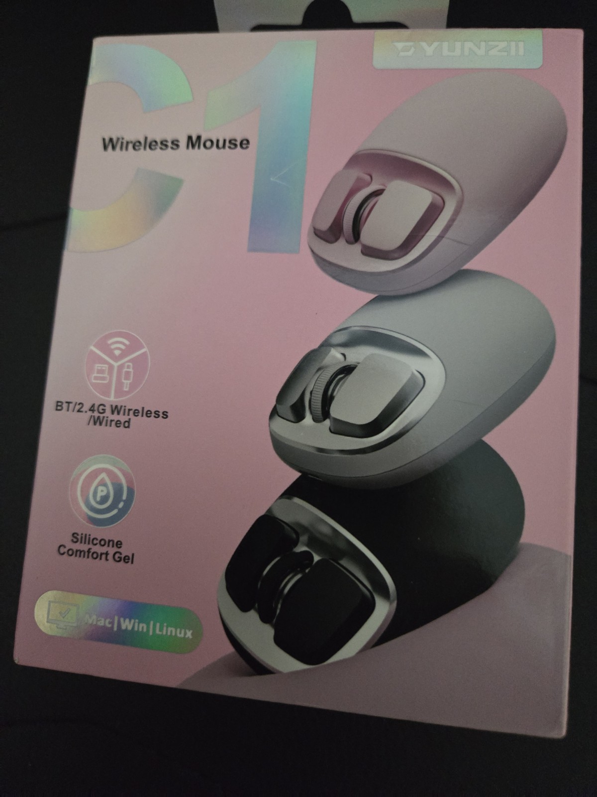 YUNZII C1 Tri-Mode Wireless Gaming Mouse Silicone-2.4G Bluetooth, Type C Black