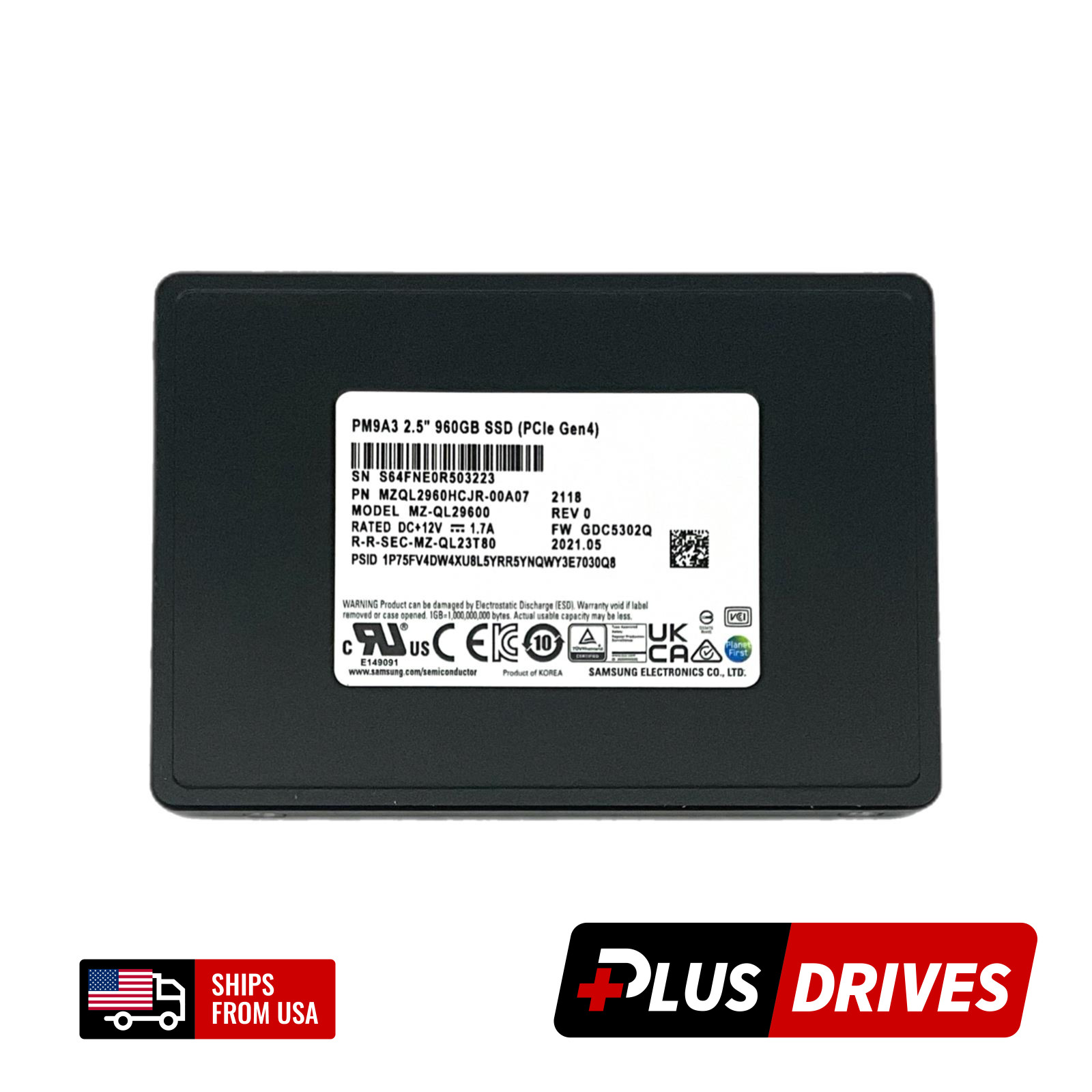 Low Hours 960GB NVMe MZ-QL29600 Gen4 Samsung 2.5" PM9A3 Read Intensive SSD