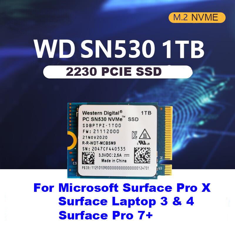 NEW WD PC SN530 M.2 2230 SSD 1TB NVMe PCIe For Microsoft Surface Pro X Pro 7+ 8