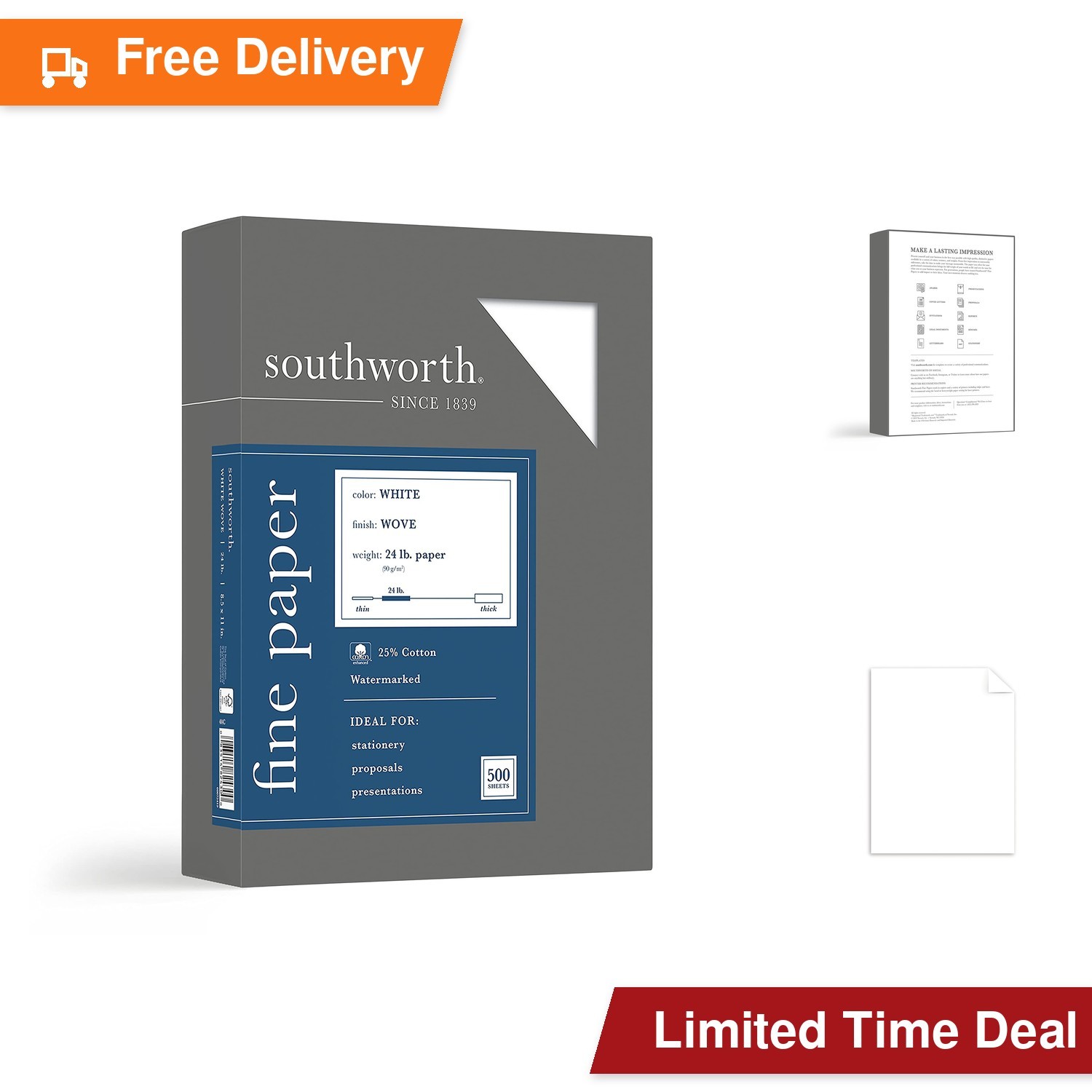 Southworth 404C 25% Cotton Business Paper White 24 lbs. Wove 8-1/2 x 11...