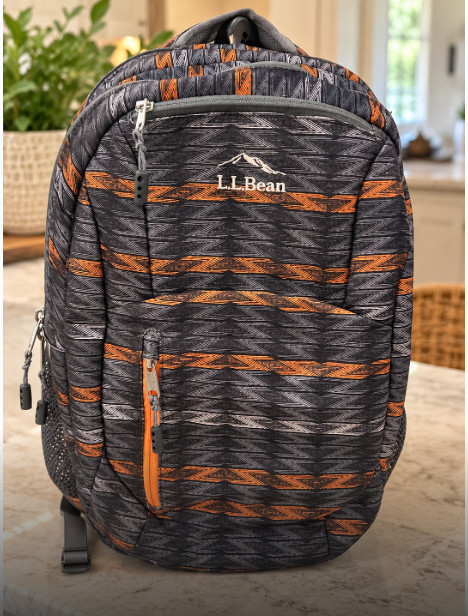 $80 LL BEAN Adult Size DELUXE BOOK Laptop BACKPACK Grey Orange Geometric Print