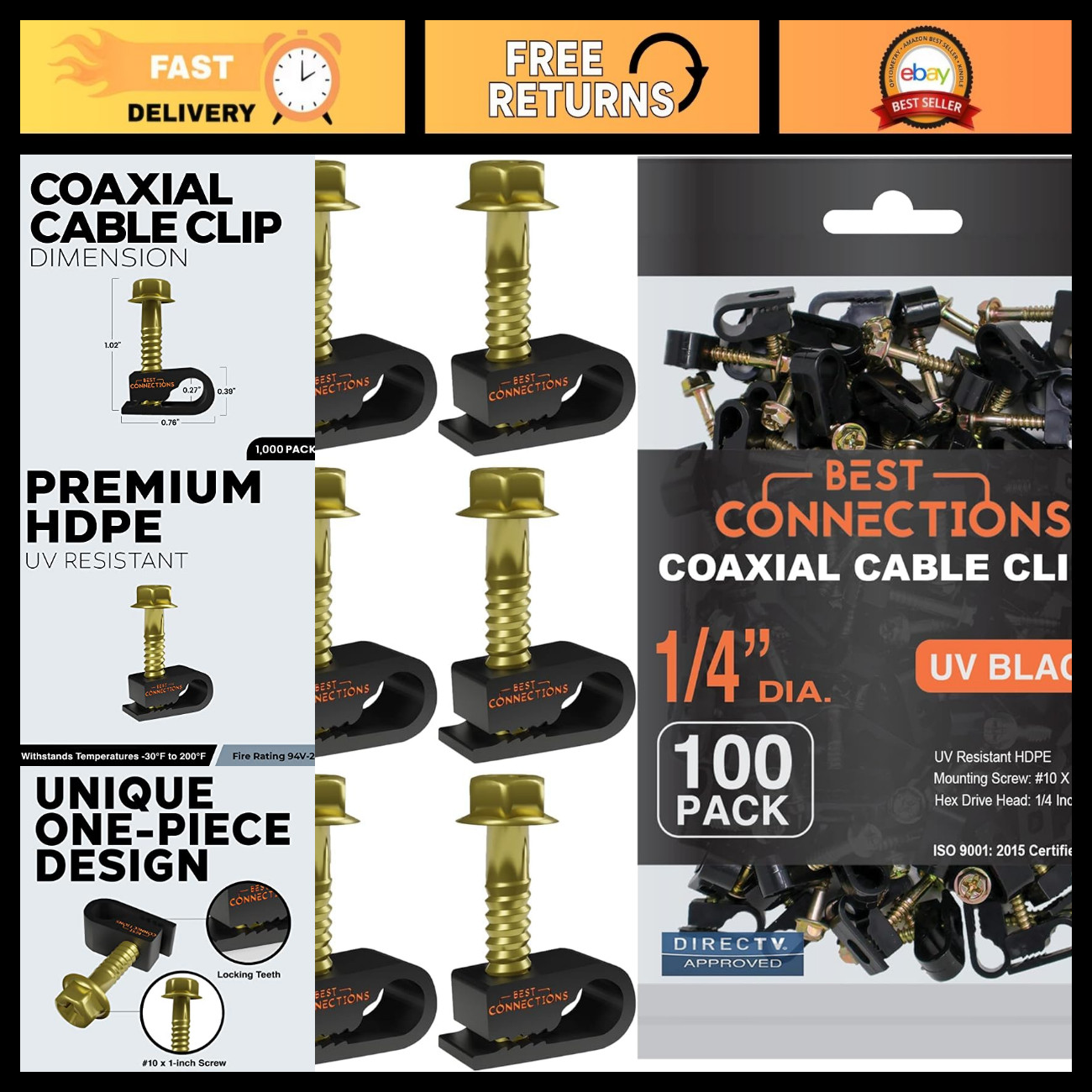Coaxial Cable Clips 1,000 Pack - Black Mounting Clamps for RG6, RG59 & Ethernet