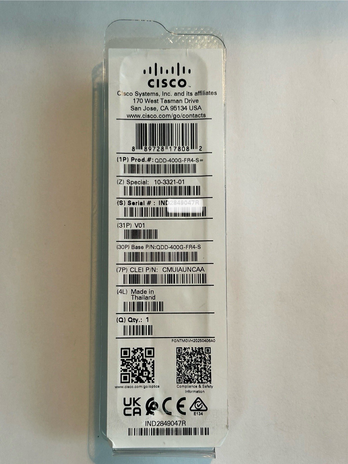Cisco QDD-400G-FR4-S *New 400GBase-FR4 1310nm 2km Optical Transceiver w/ Holo