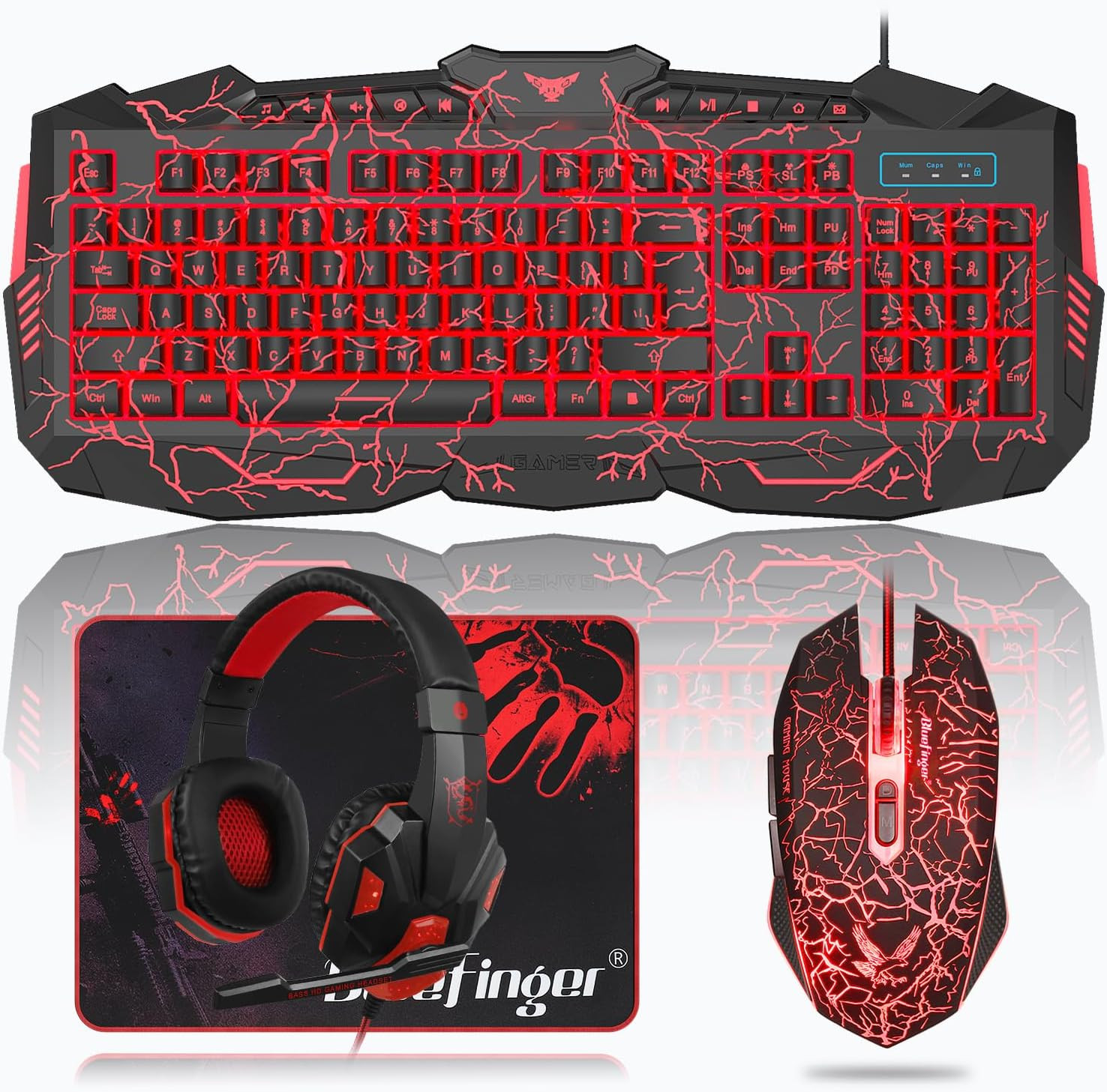 Gaming Keyboard Mouse Headset Combo, USB Wired Crack Backlit,114 Keys Letters Gl