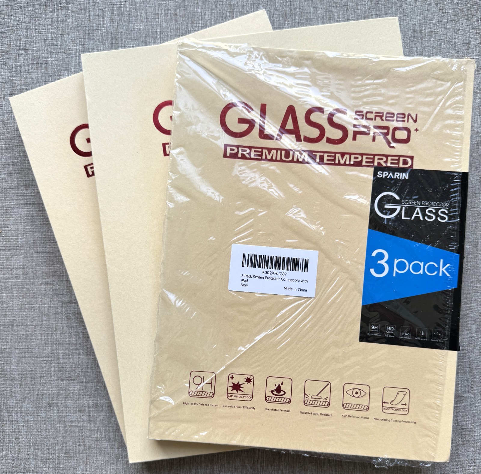 (3) Opened Packages: Sparin Glass Screen Pro: Size (4) 9¾" x 7" & (2) 11¼" x 8¾"