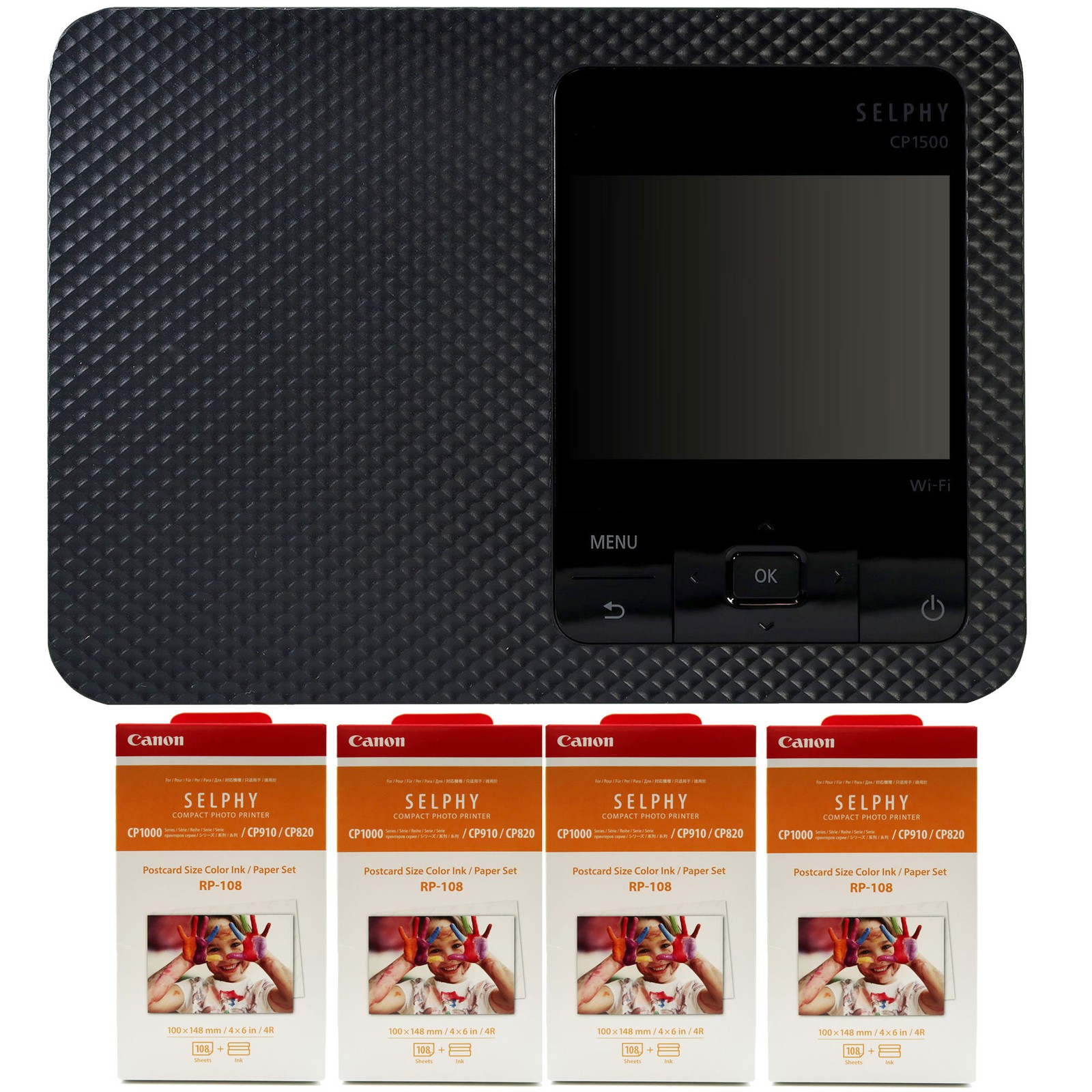 Canon SELPHY CP1500 Compact Photo Printer Black + 4x RP-108 Color Ink Paper Set