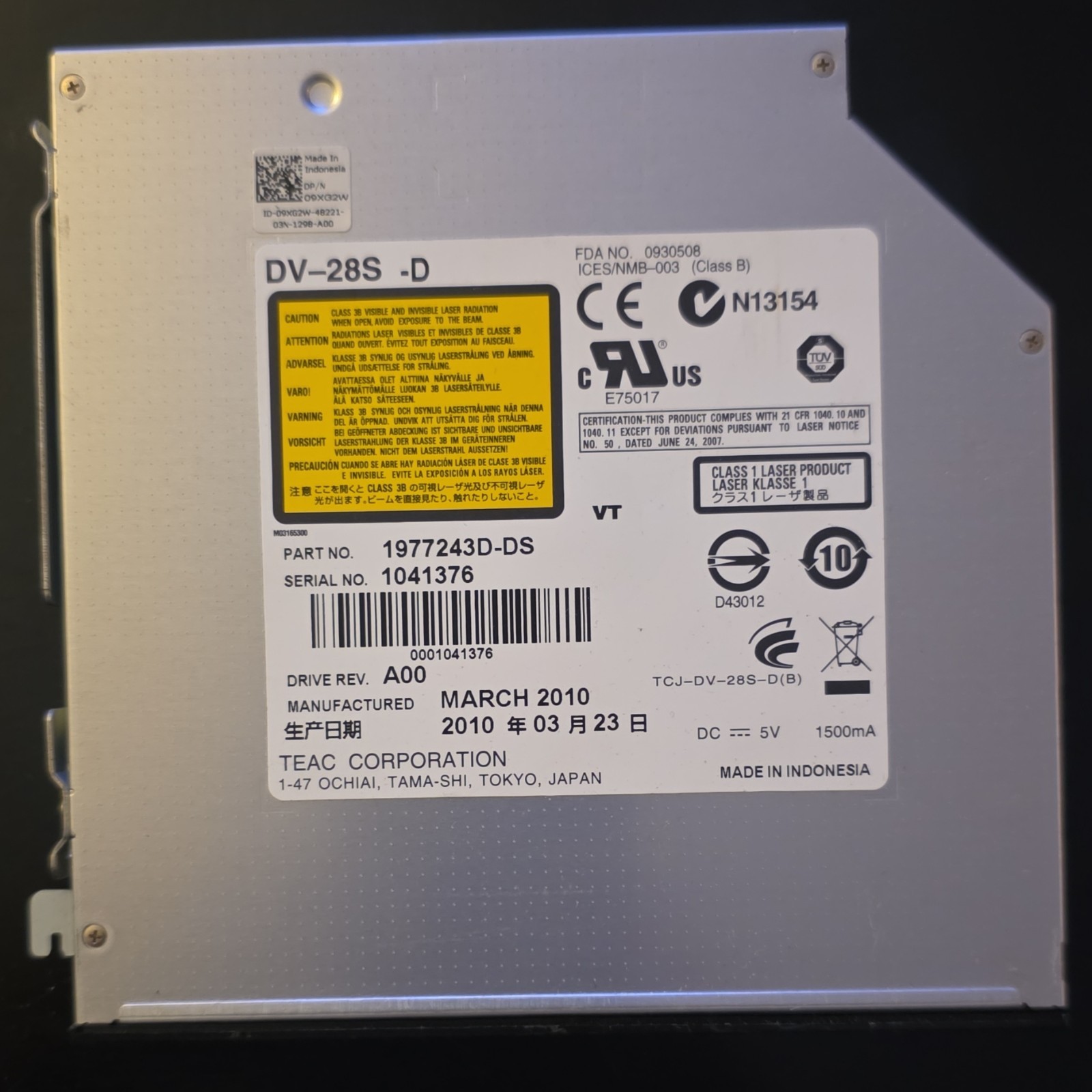 TEAC DV-28S-D Internal Laptop DVD-ROM Drive Black Silver 1977243D-DS