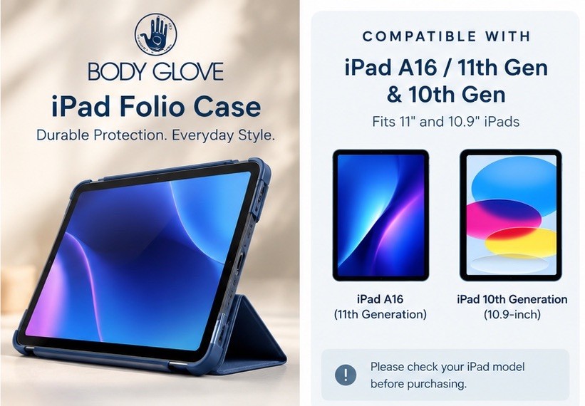 Body Glove iPad Case A16 11th Gen & 10th Gen Blue Folio Cover Hard Shell