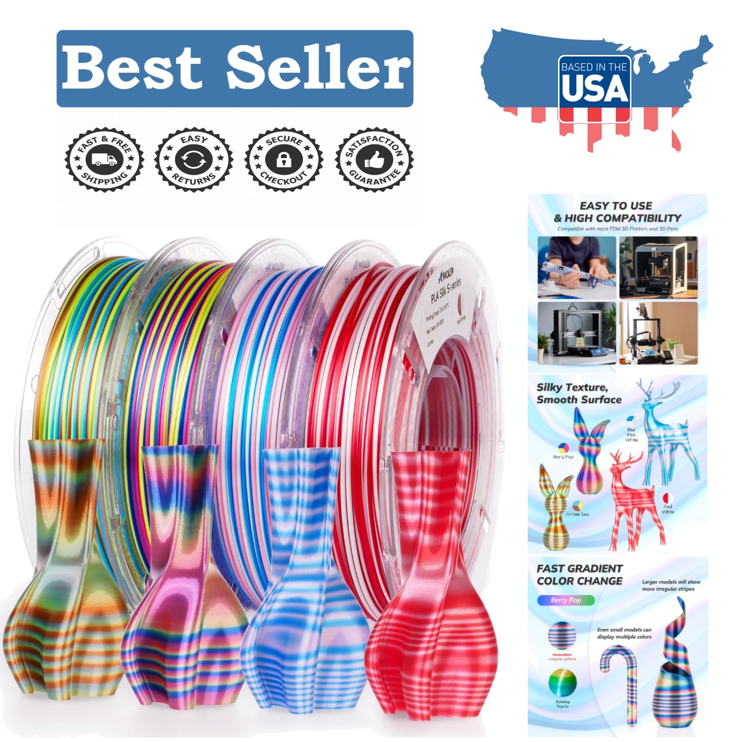 Precision Engineered Multicolor Silk PLA Filament Bundle - 800g Total Weight