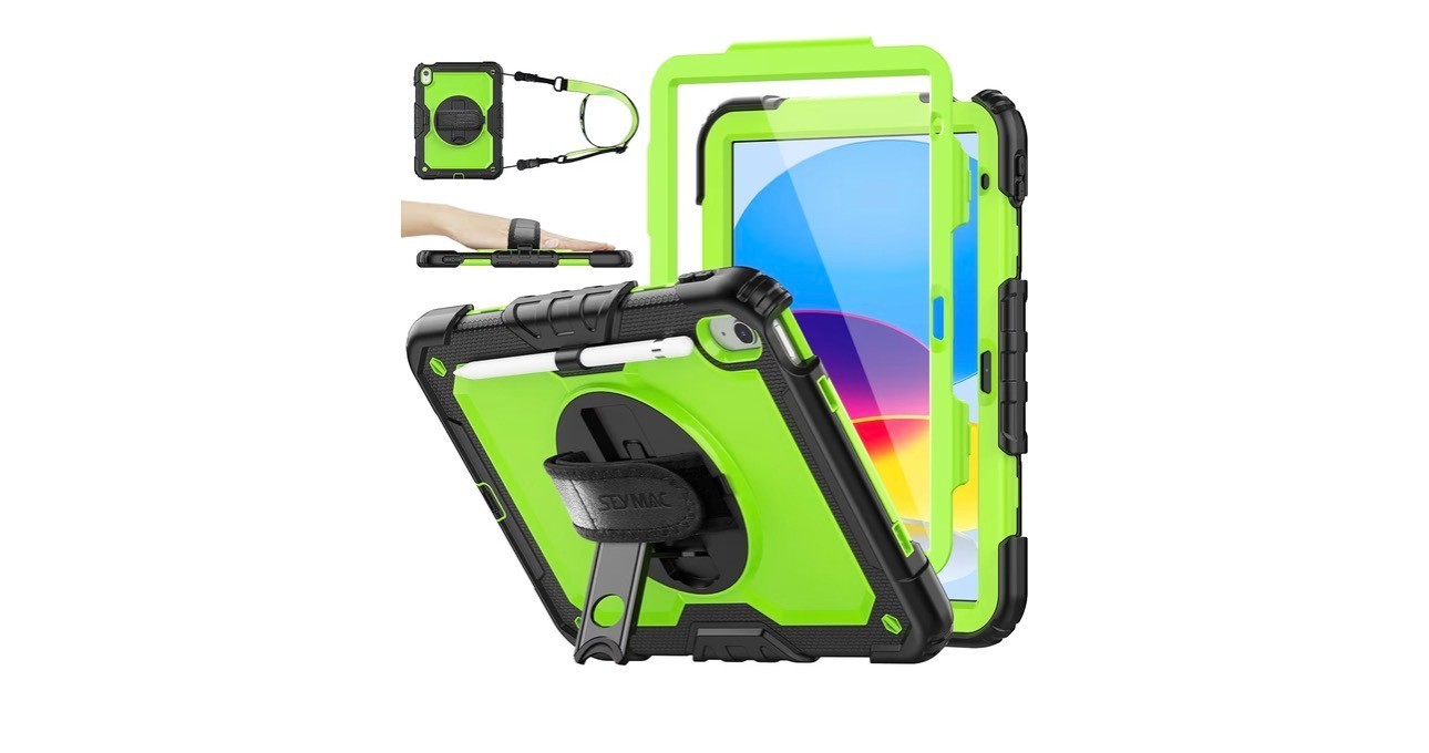 SEYMAC iPad 10th/11th Gen Case 10.9/11" Heavy Duty Shockproof w/ Strap Stand Gre
