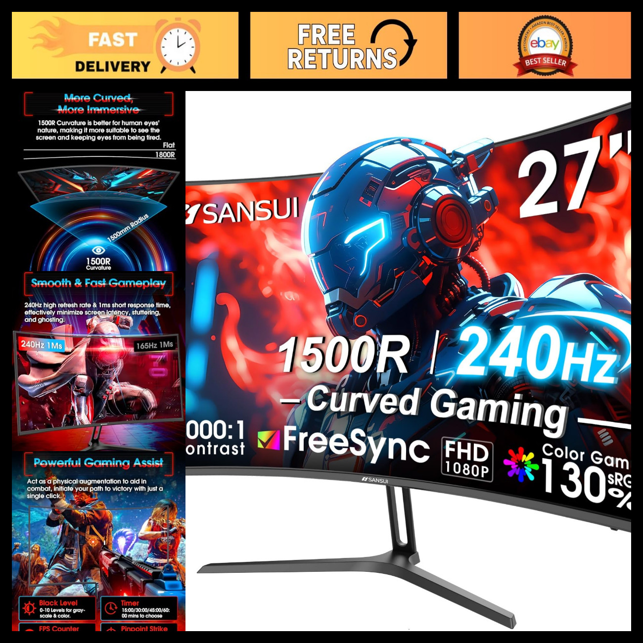 27" Curved Gaming Monitor 240Hz FHD 1080P, 1500R, HDR, FreeSync, 1ms, HDMI DP