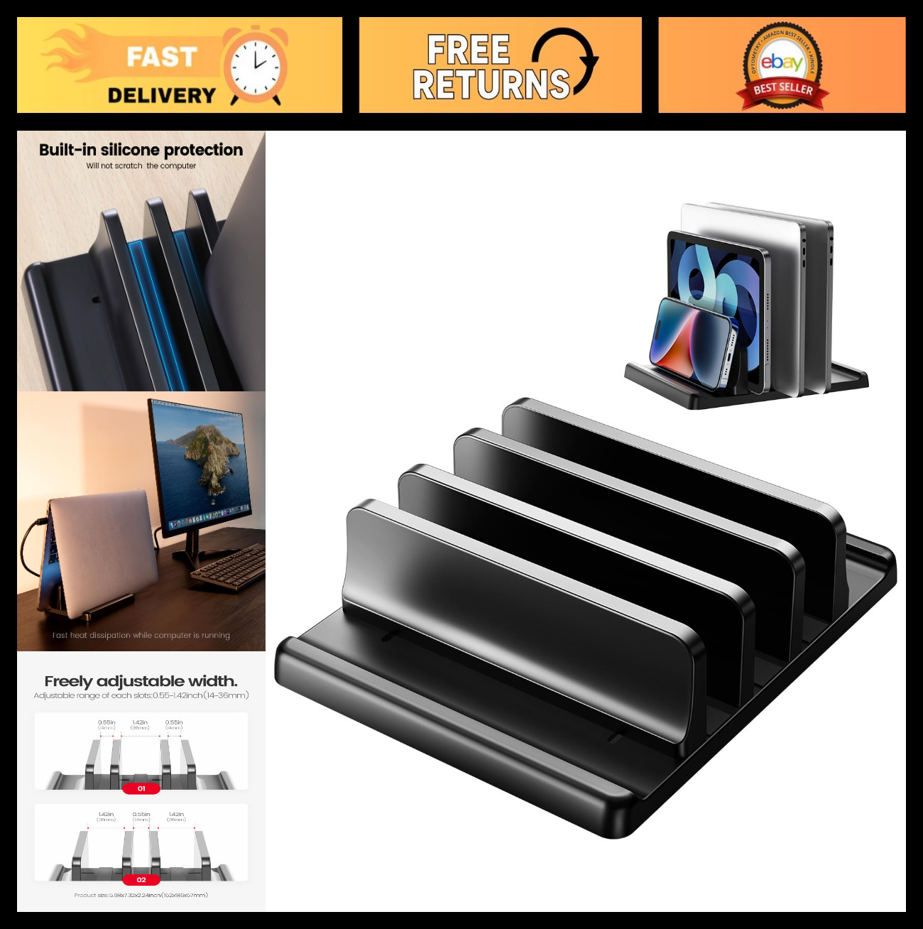 Adjustable 3-Slot Vertical Laptop Stand Holder - Space-Saving Desktop Dock for A