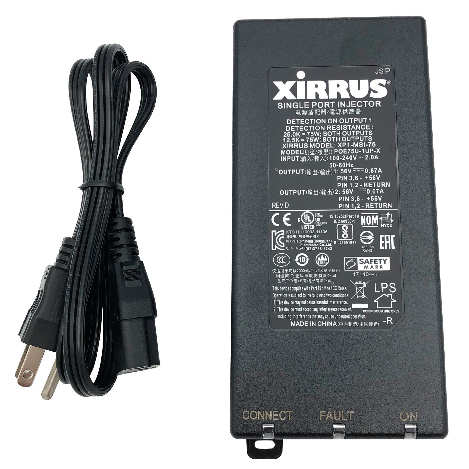 Genuine 75W Xirrus POE75U-1UP-X Single Port Injector PoE 56V 0.67A