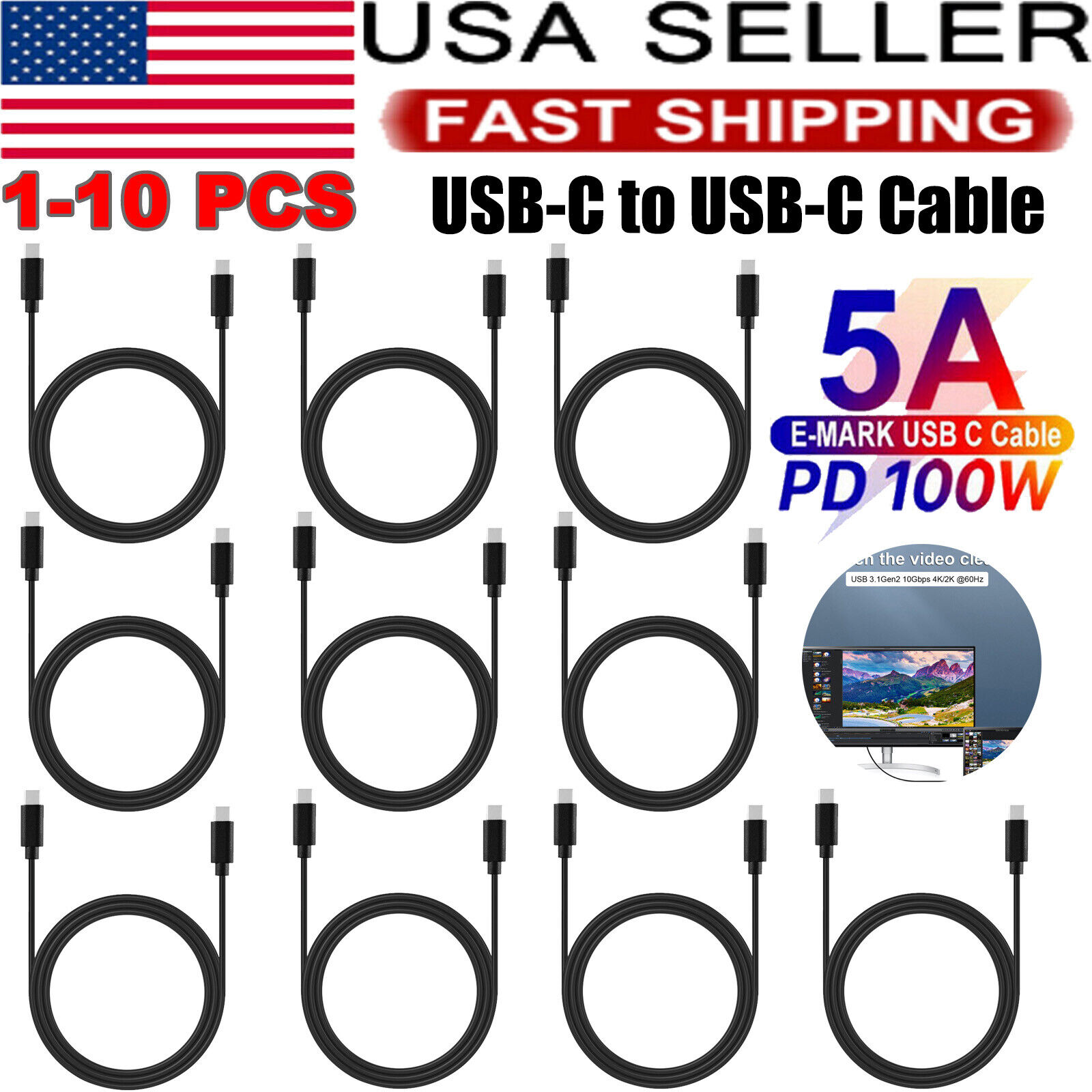 USB C to USB C Cable 3.1 Charge Cord 10Gbps Data Transfer E-Marker Chipset Lot