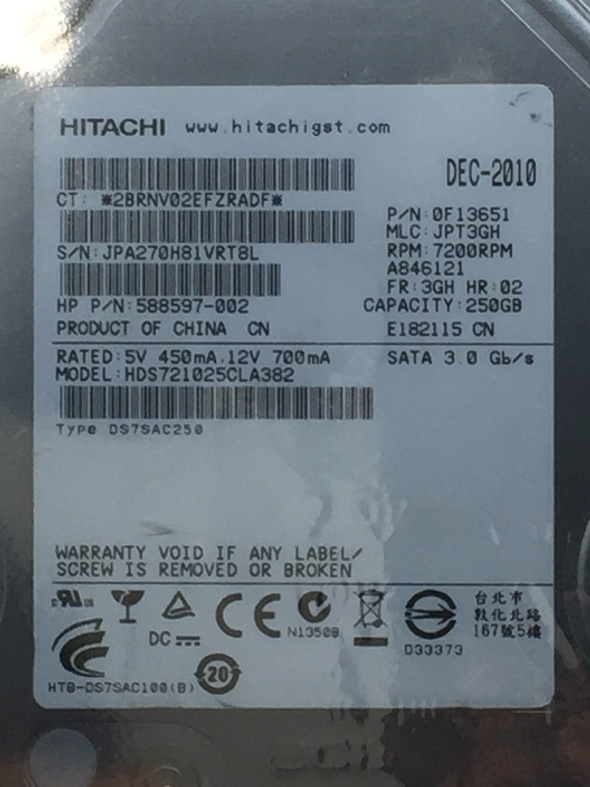 Hitachi Deskstar 7K1000.C 250GB 7200 RPM 8MB SATA 3.0Gb/s 3.5" Internal HDD USED