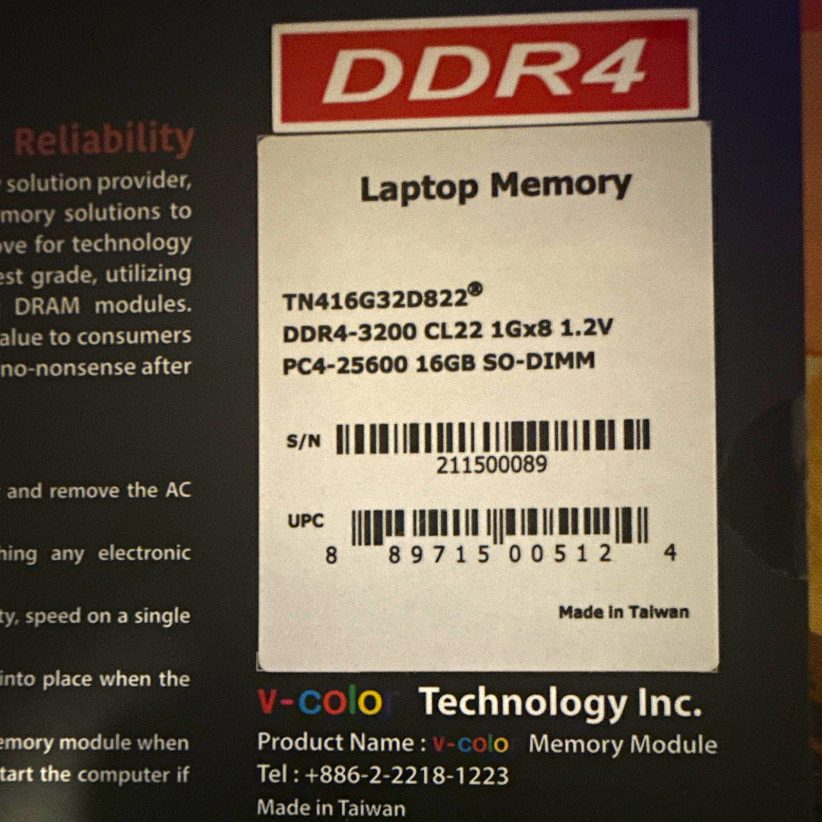 V-Color 16GB DDR4-3200 PC4-25600 SO-DIMM Non-ECC 260-Pin TN416G32D822