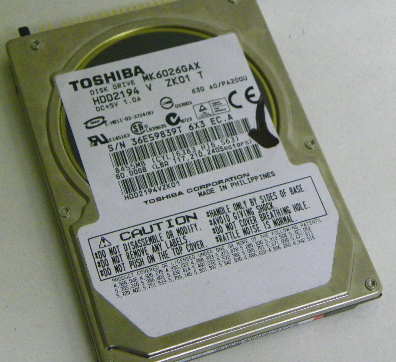 60GB Toshiba MK6026GAX Laptop IDE Hard Drive HDD2194 V ZK01 T