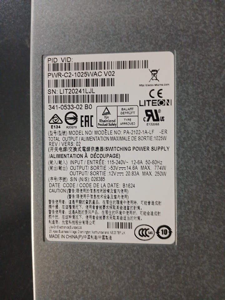 GENUINE Cisco LITEON PWR-C2-1025WAC-V02 341-0535-02 B0 Switching Power Supply