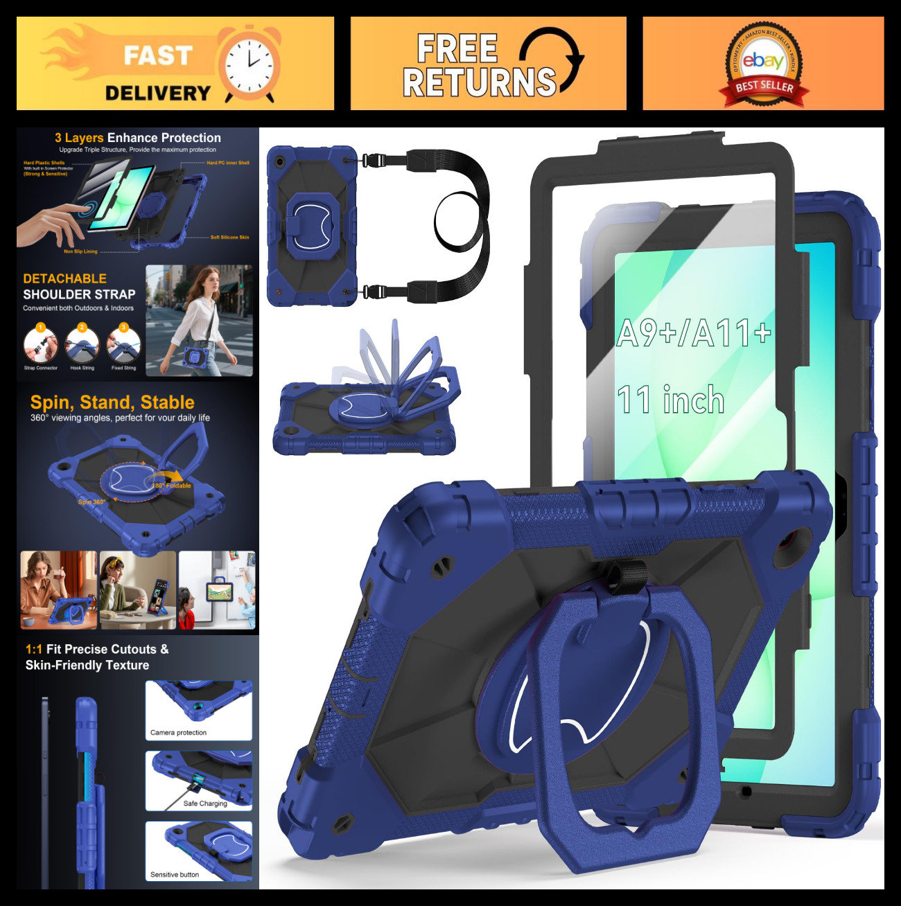 Rugged Case for 11" Galaxy Tab A11+/A9+ Plus 2026/2024, 360° Stand, Strap & Pen