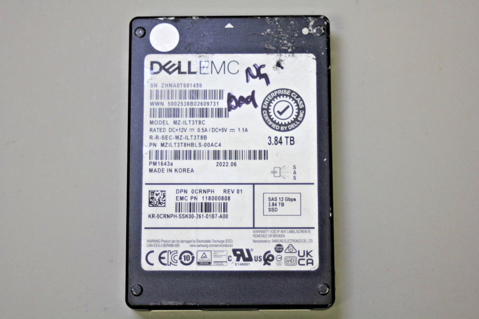 DELL EMC 0CRNPH MZ-ILT3T8C SAMSUNG PM1643a 3.84TB SAS 12Gb/s SSD 100% health