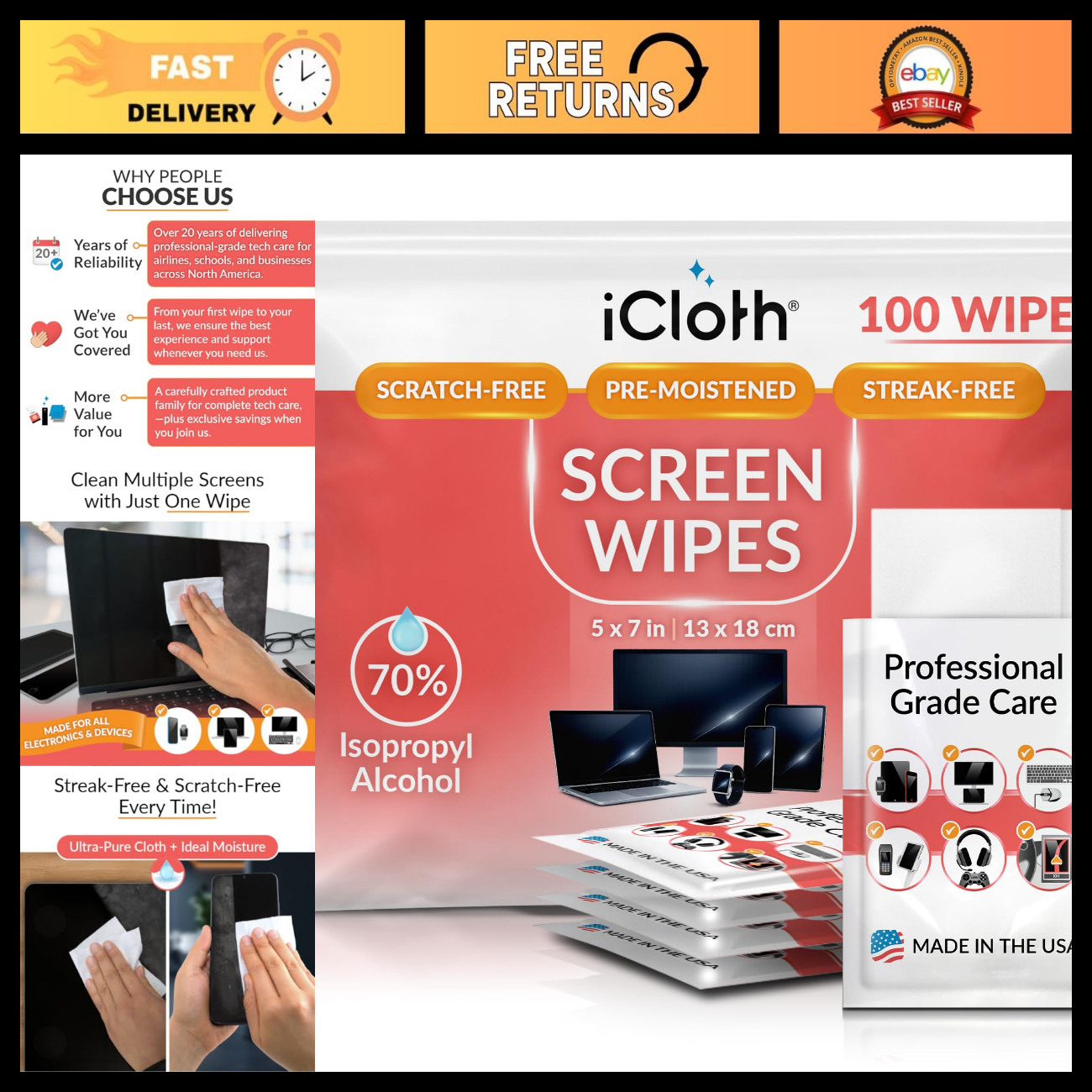 Large Screen Electronics Wipes - 70% Isopropyl Alcohol, Lint-Free, Streak-Free,
