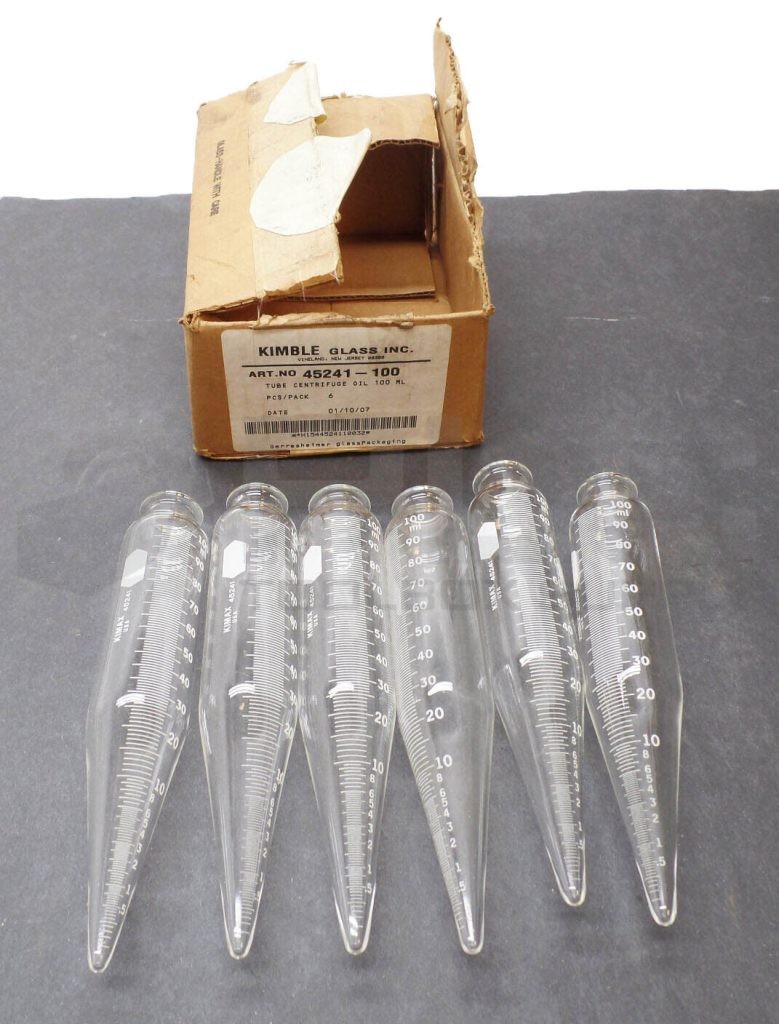 NEW BOX OF 6 KIMBLE GLASS 45241-100 CENTRIFUGE OIL TUBE 100mL *READ*