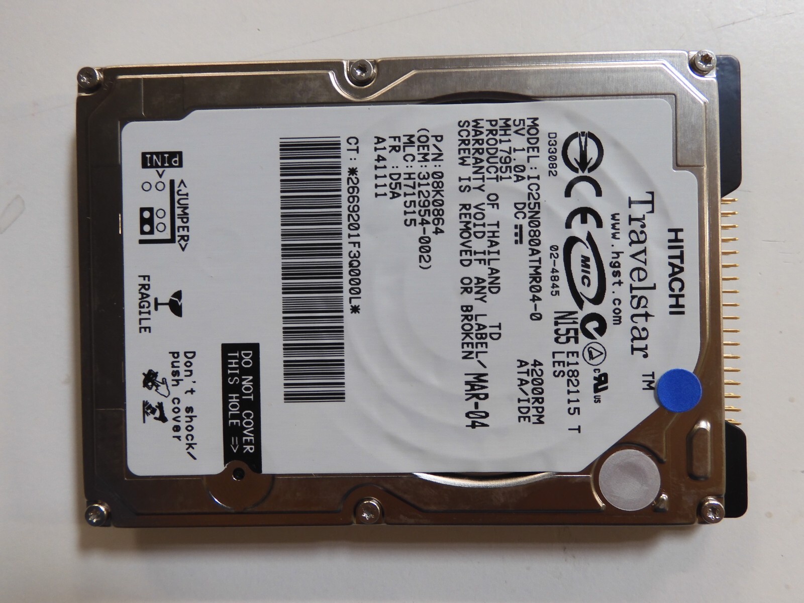 Hitachi IC25N080ATMR04-0, PN 08K0864, MH17951, 80GB IDE 2.5 Hard Drive