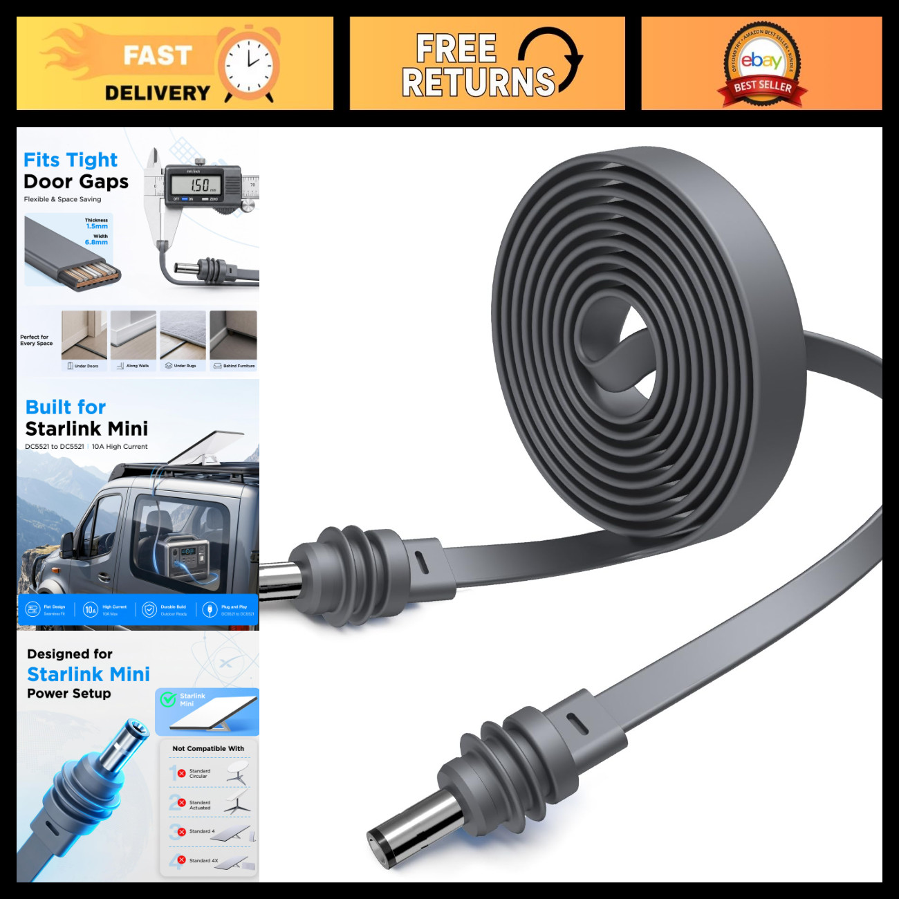 16.4FT Flat DC Power Cable 18AWG for Starlink Window Passthrough - Mini Connecto
