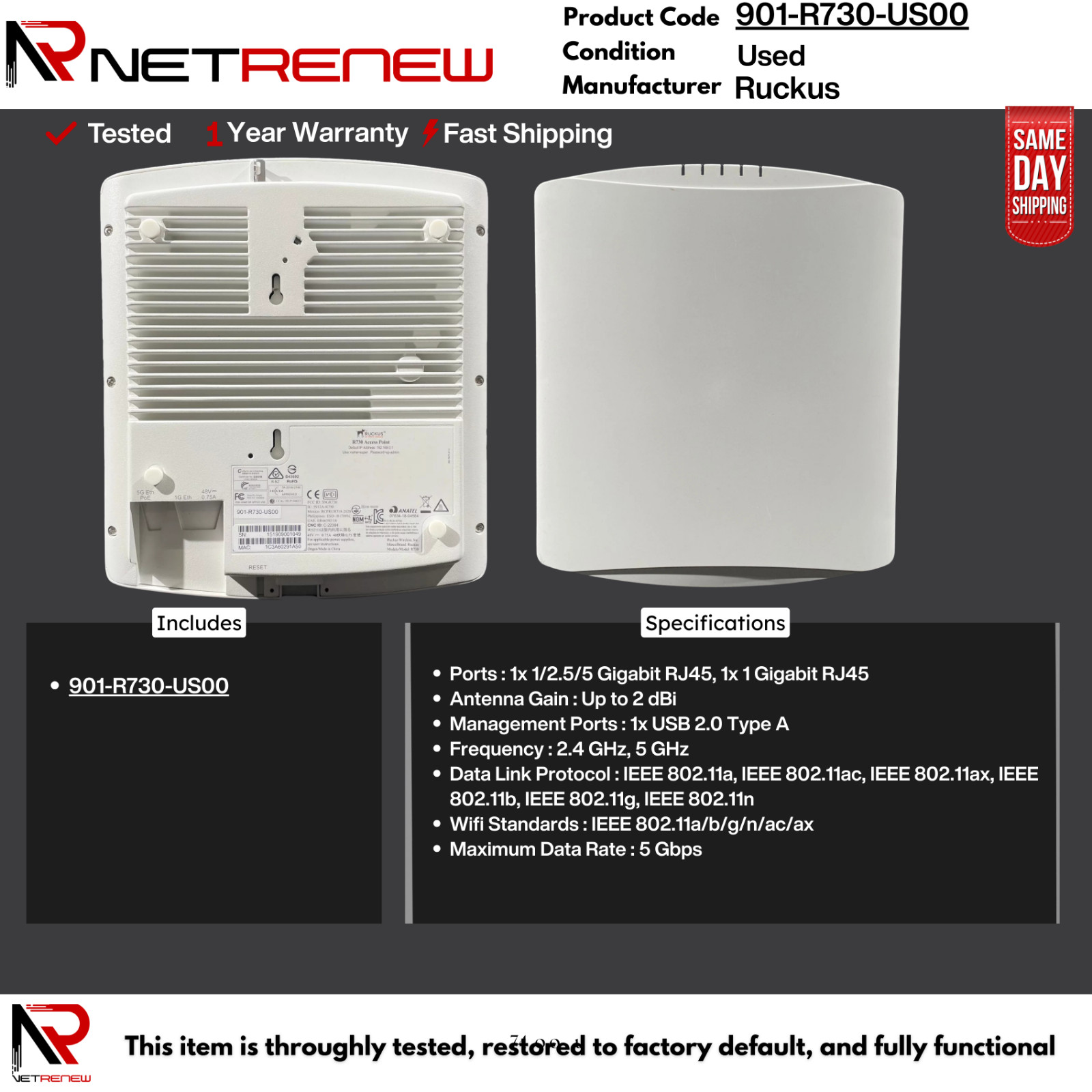 901-R730-US00 Ruckus R730  Wireless Access Point w/ Celling Clips