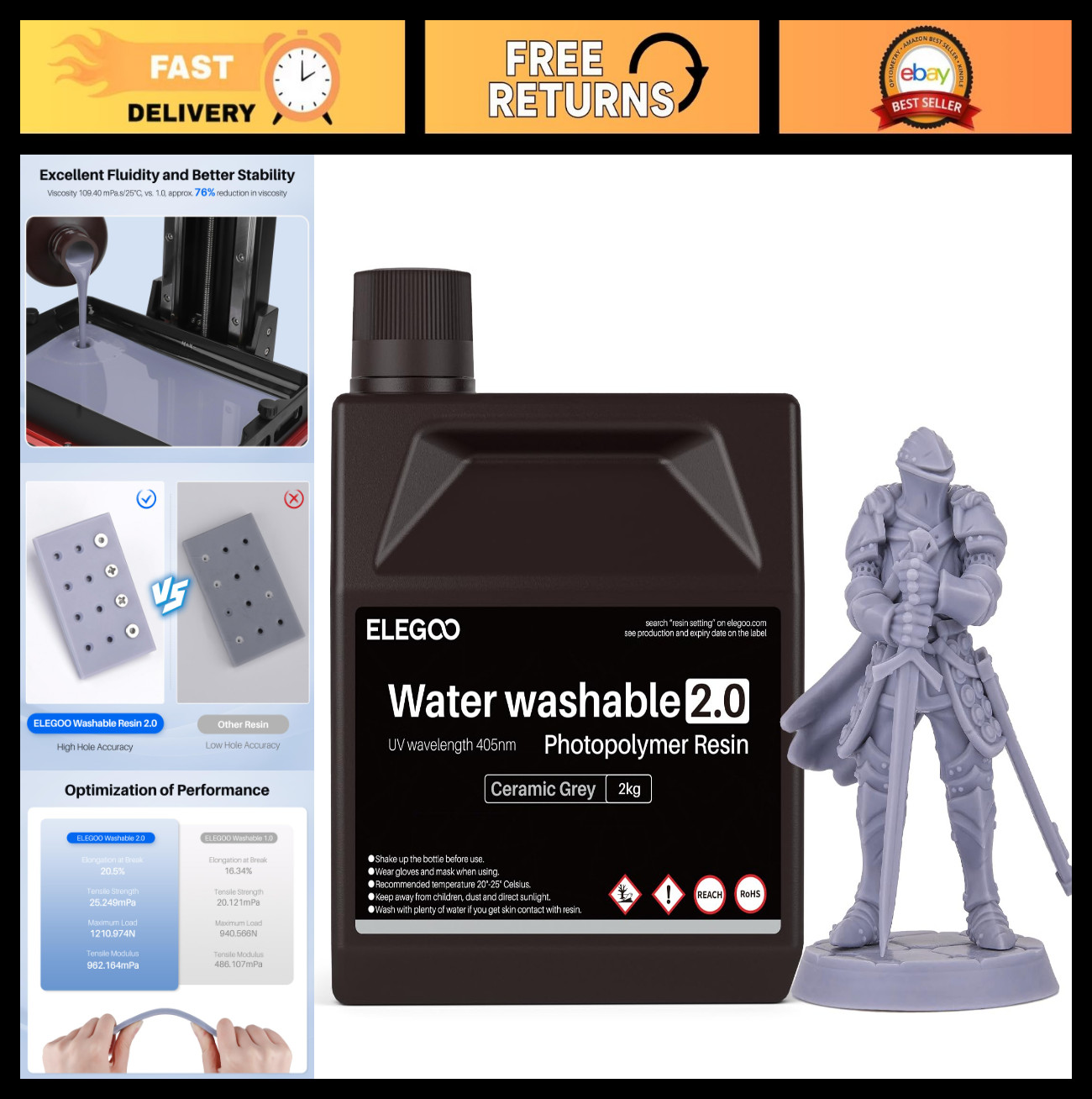 Water Washable 3D Printer Resin 2.0 - Low Viscosity, High Precision, 2000g, Grey