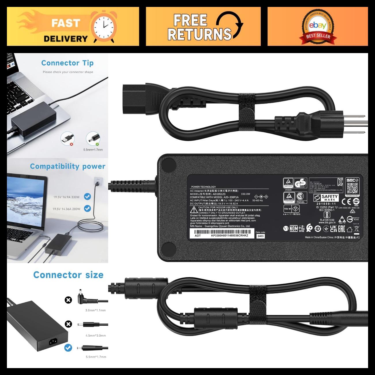 330W 280W Laptop Charger for Acer Predator Helios Nitro - High Power Adapter