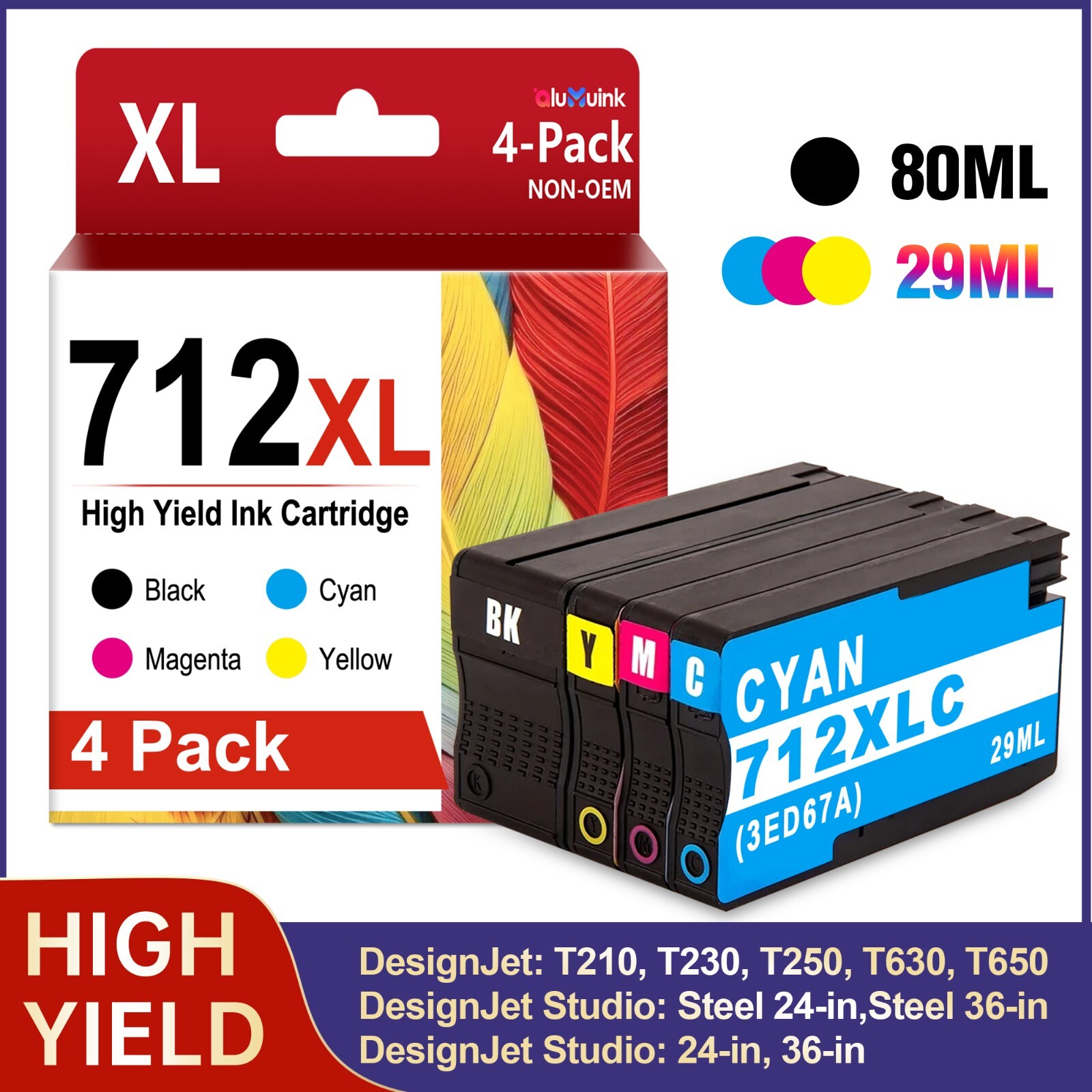 712XL 4-Pack Ink (80ml Black, 29ml Color) for HP DesignJet T250 T630 T230