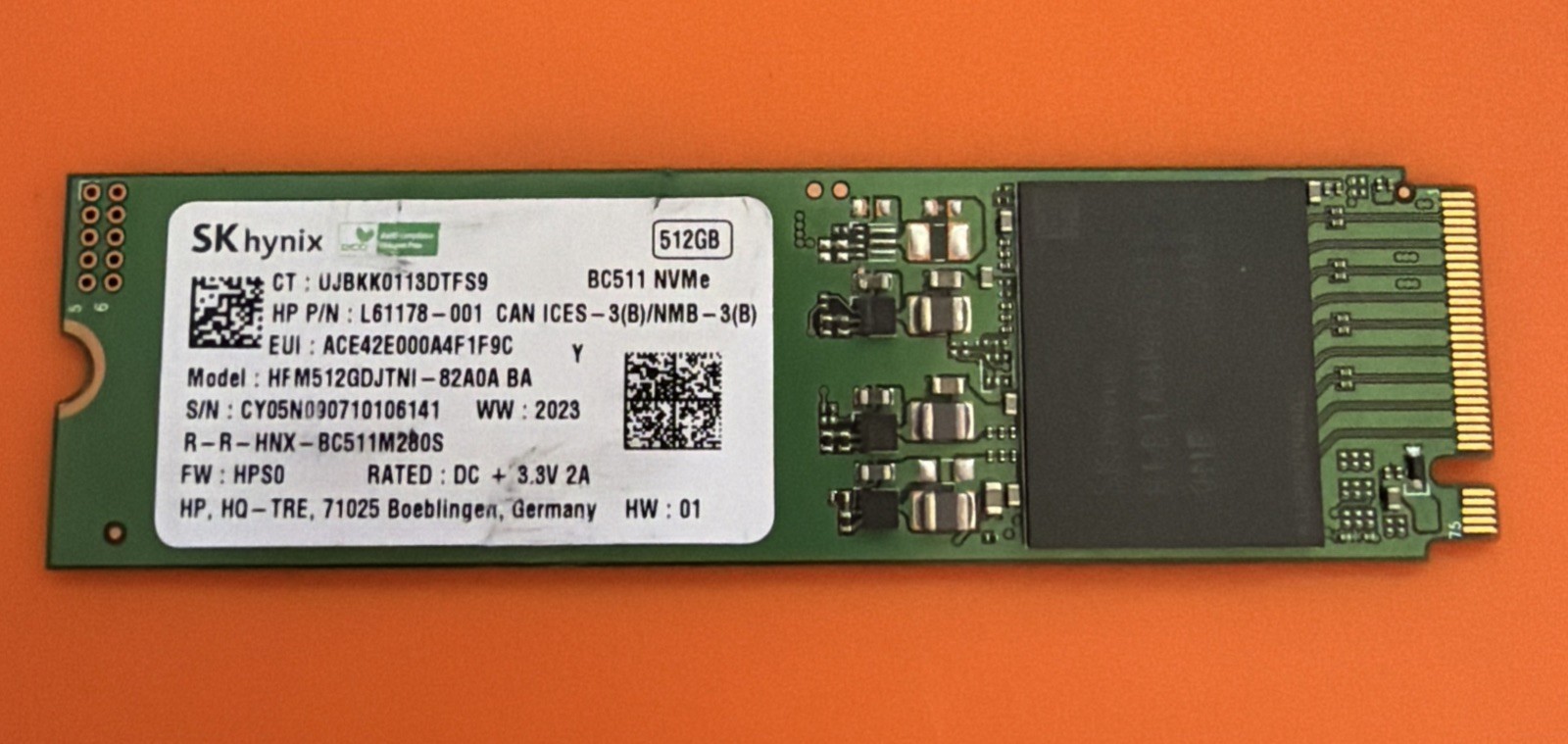 SK Hynix BC511 512GB NVMe M.2 2280 SSD HFM512GDJTNI PCIe 100% Health