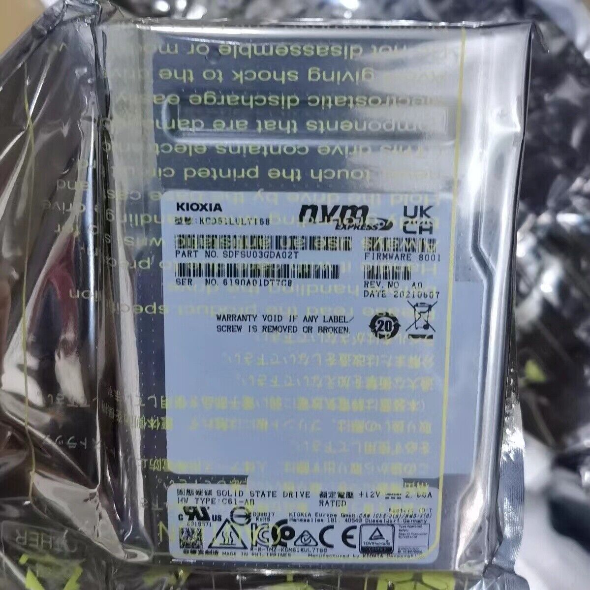 KIOXIA CD6 7.68TB KCD61LUL7T68 NVME U.2 SSD 2.5" SDFSU03GDA02T Solid State Drive
