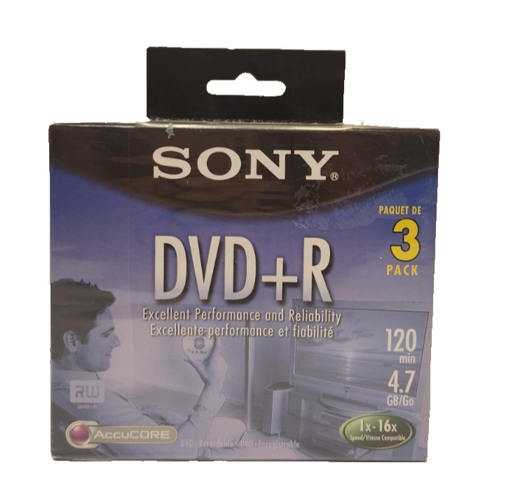 Sony DVD+R 4.7GB 120min 1x-16x AccuCORE Blank Media Discs 3-Pack New Sealed