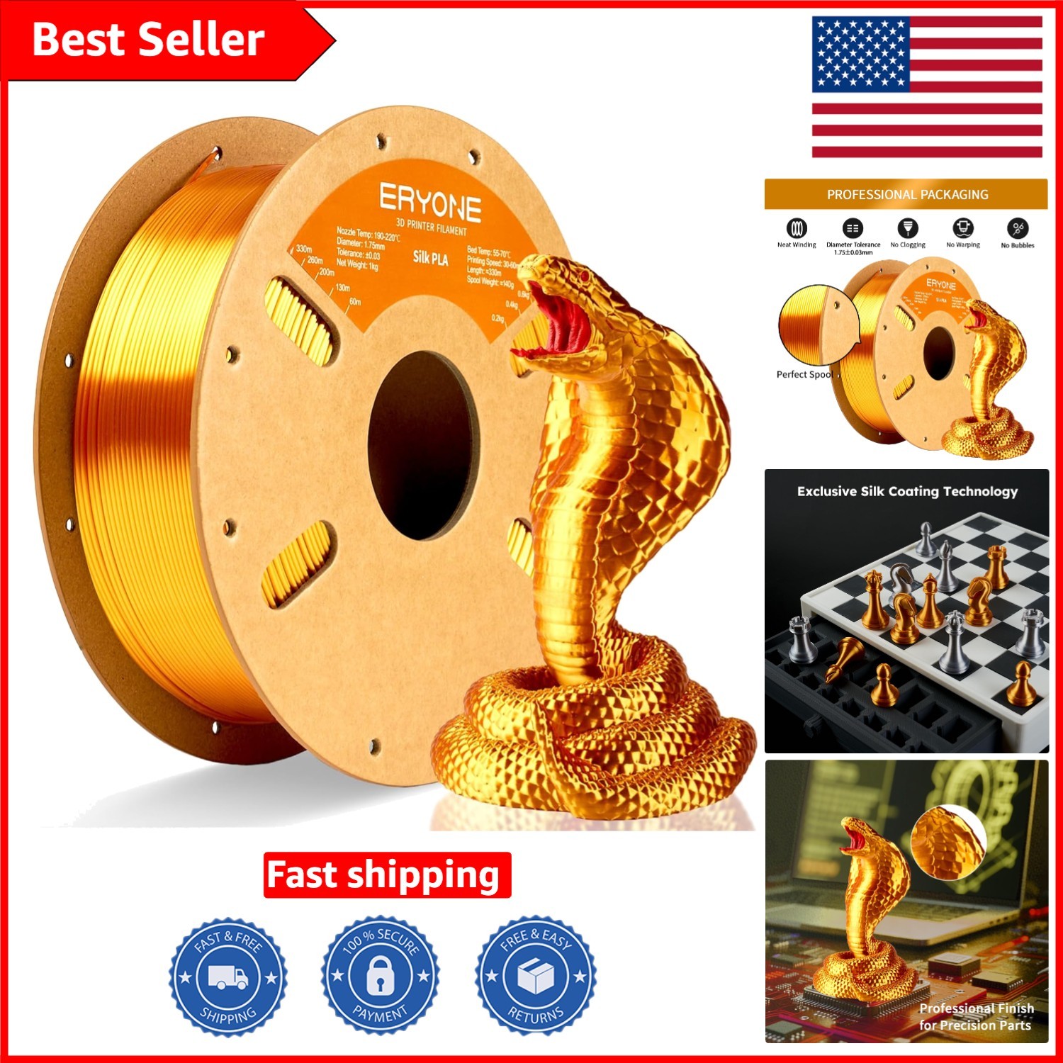 Luxurious Liquid Gold Silk PLA Filament - 1.75mm, Perfect for Artistic Creations